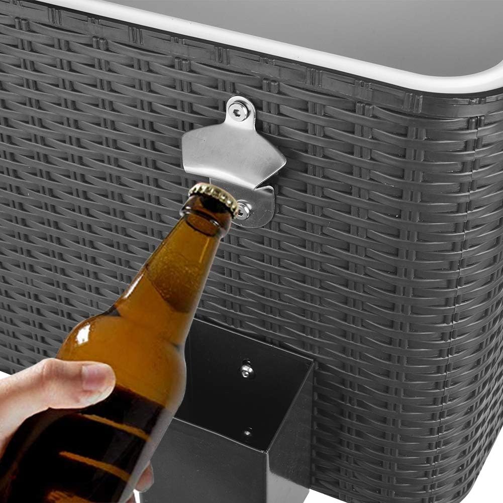 80 Quart Rolling Outdoor Patio Cooler Cart on Wheels, Wicker Pattern Portable Drink Beverage Bar for Patio Pool Party, Ice Chest with Shelf and Bottle Opener, Grey