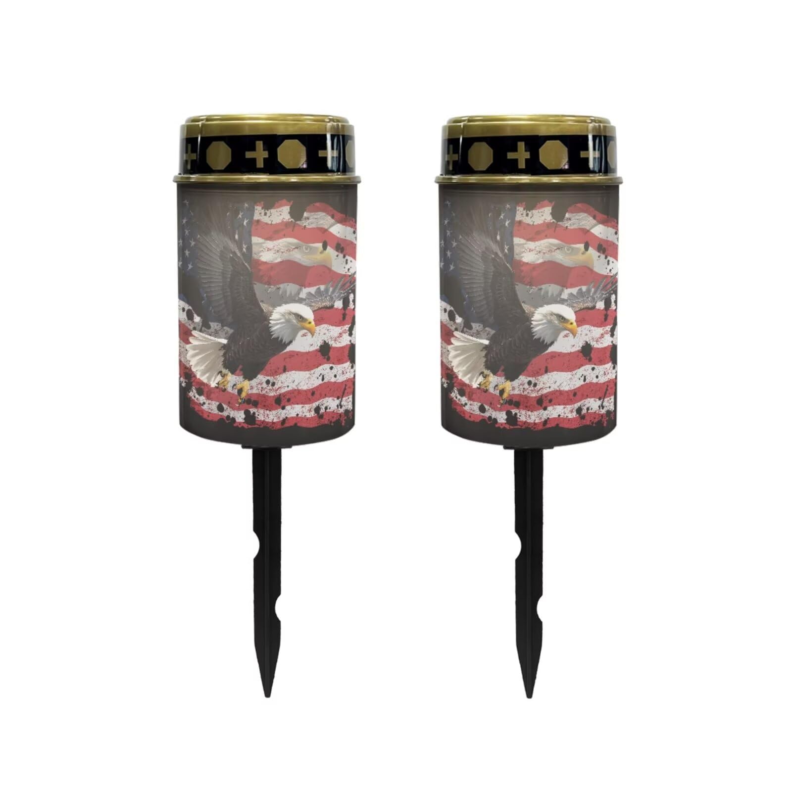 Poceacles Solar Lights Pack of 2 Outdoor Grave Solar Lights for Cemetery Decoration Solar Outdoor Lights Cemetery Solar Lamp for Garden Lawn Backyard Pathway Decor, Eagle American Flag Splash