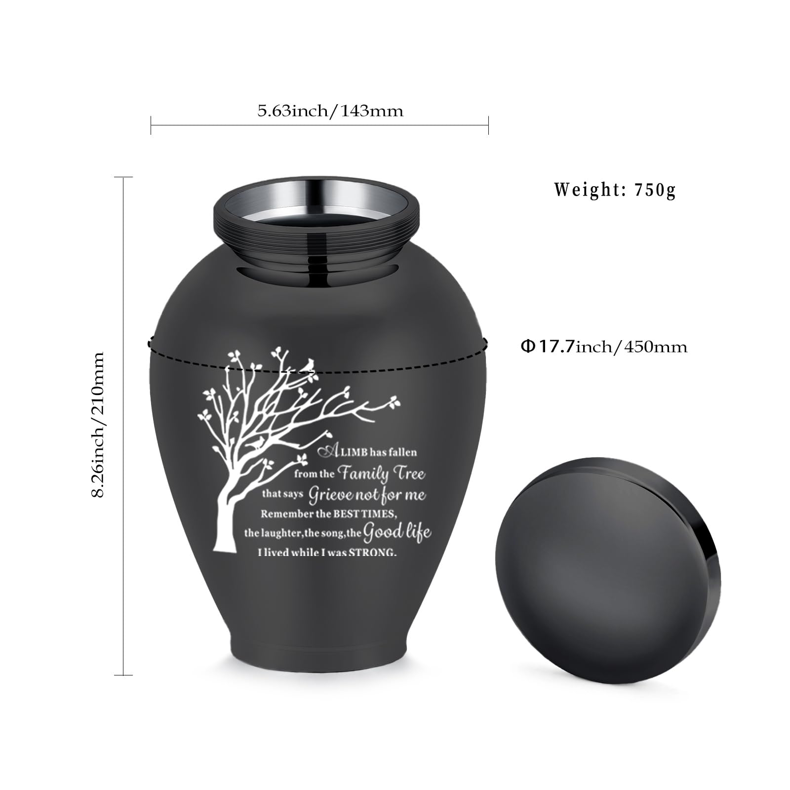 Cremation Urns for Dogs Cats Ash Holder Large Urns for Human Ashes Memorial Urn for Adults Male Female Keepsake Funeral Urn (Black&tree-8.26in) - Image 2