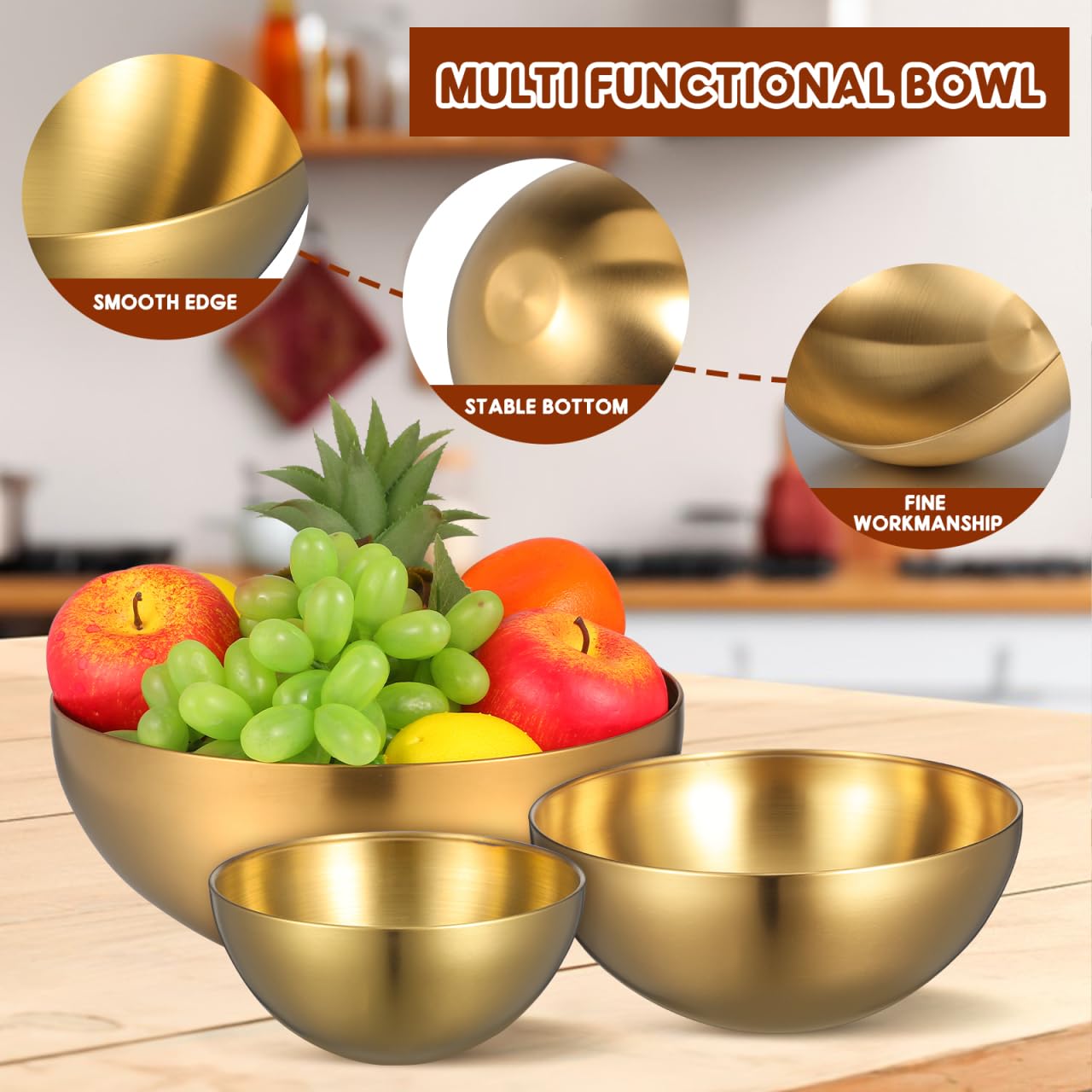 Rührschüssel, Salatschüssel, Müslischalen, Küchenutensilien, Salatschüssel Set Edelstahl 3-Teilig Goldene Küchenschüssel Für Salat Obst Rührschüssel Servierschale Vielseitig Für Bbq Kalte Nudeln