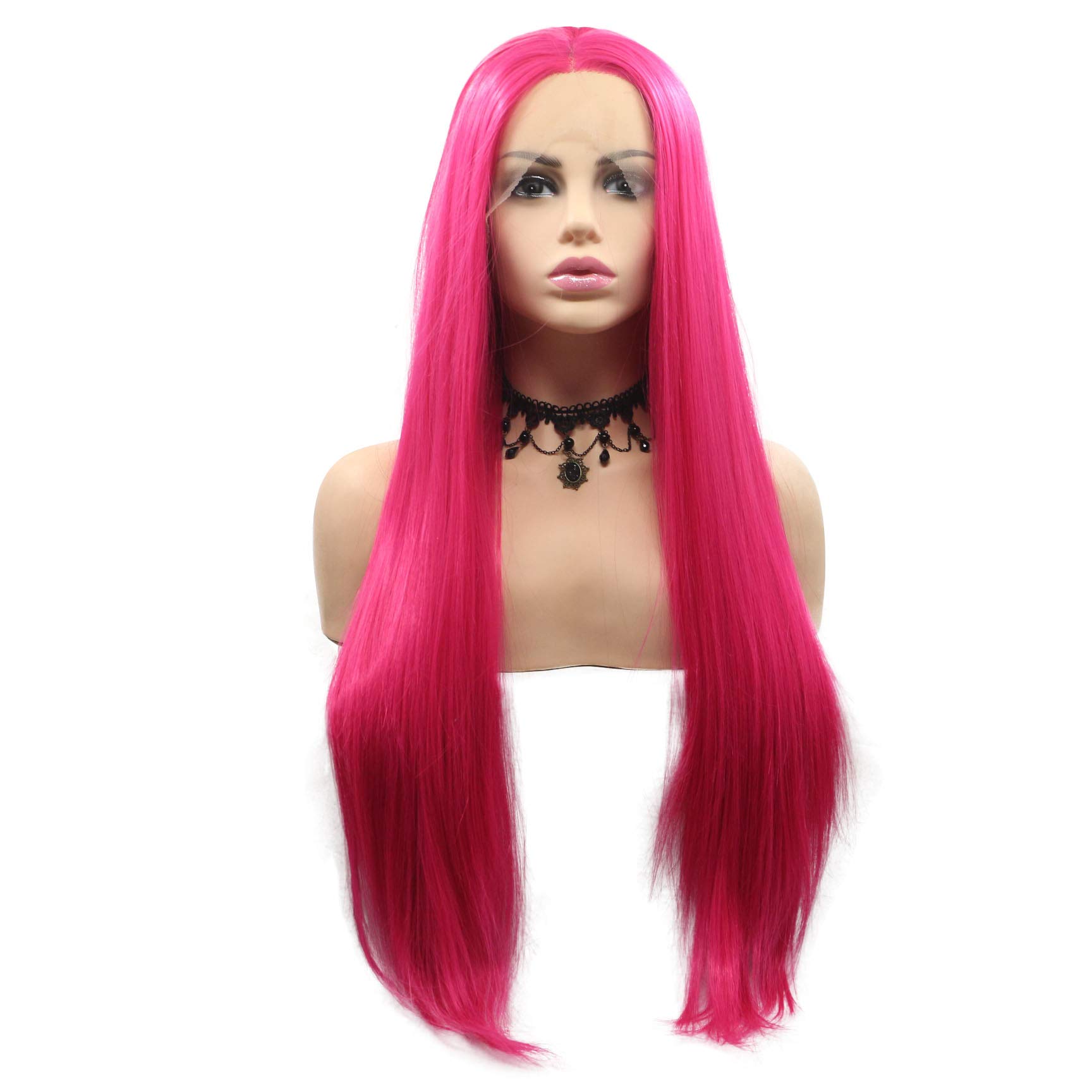 SereneWig 24" Bright Pink Wig Long Straight Synthetic Lace Front Wigs for Women Hot Red Pink Half Hand Tied Heat Resistant Fiber Wigs Middle Part Daily Wear Cosplay Wigs Drag Queen - Image 2
