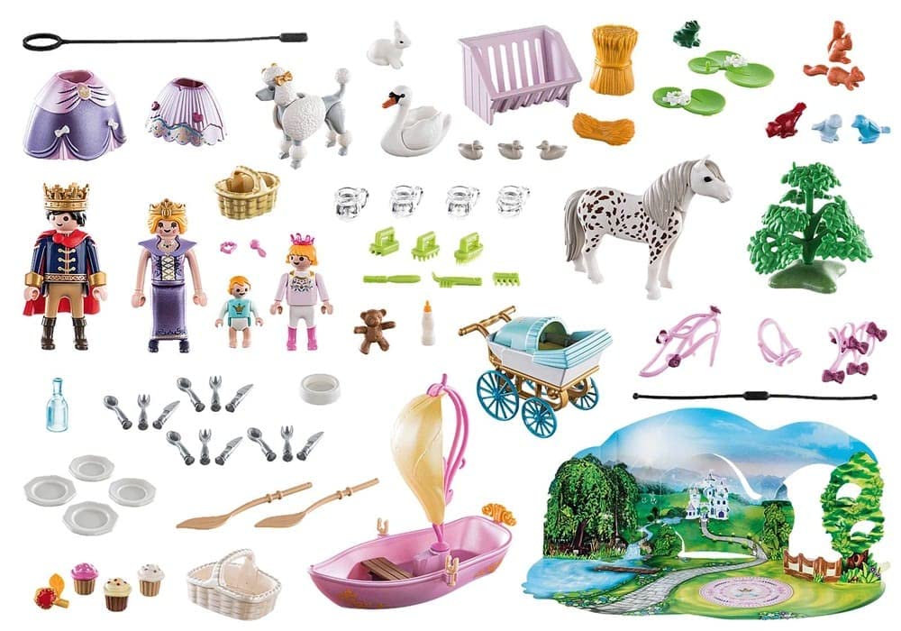 PLAYMOBIL Adventskalender 2021 - 70323 Königliches Picknick im Park mit zahlreichen Figuren, Tieren und Zubehörteilen hinter jedem Türchen sowie einem schwimmfähigen Boot, 128-teilig, Ab 4 Jahren