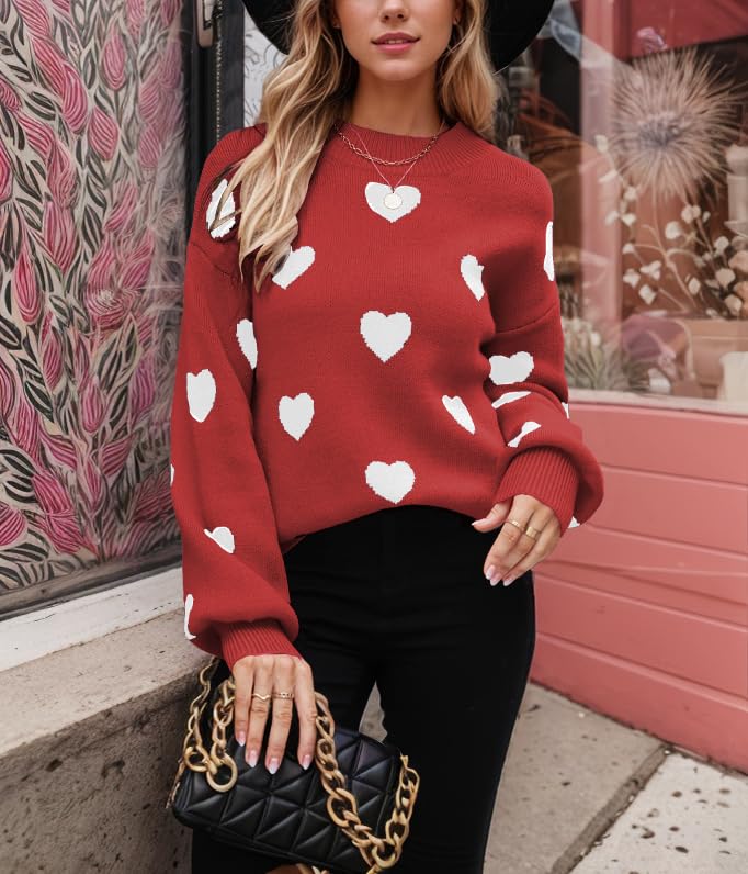 Image of Women's Valentines Pullover Sweaters Cute Hearts Long Sleeve Crewneck Knitted Y2k Sweaters Kawaii Aesthetic Clothes