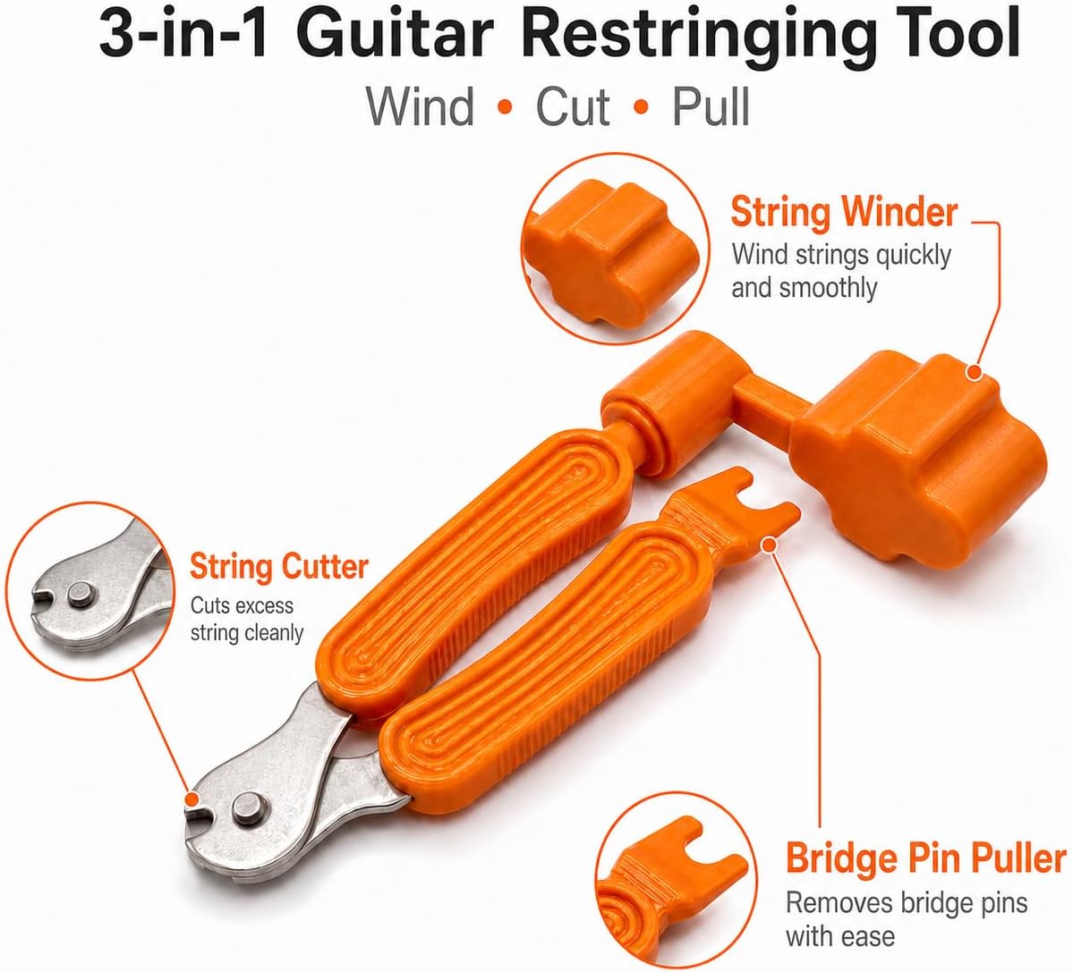 Guitar String Winder, String Cutter, Bridge Pin Puller, 3 In 1 Multifunctional Guitar Tool with Acoustic Guitar High E Strings Accessories (E-1st) Banjo String Changing Kit (Orange)