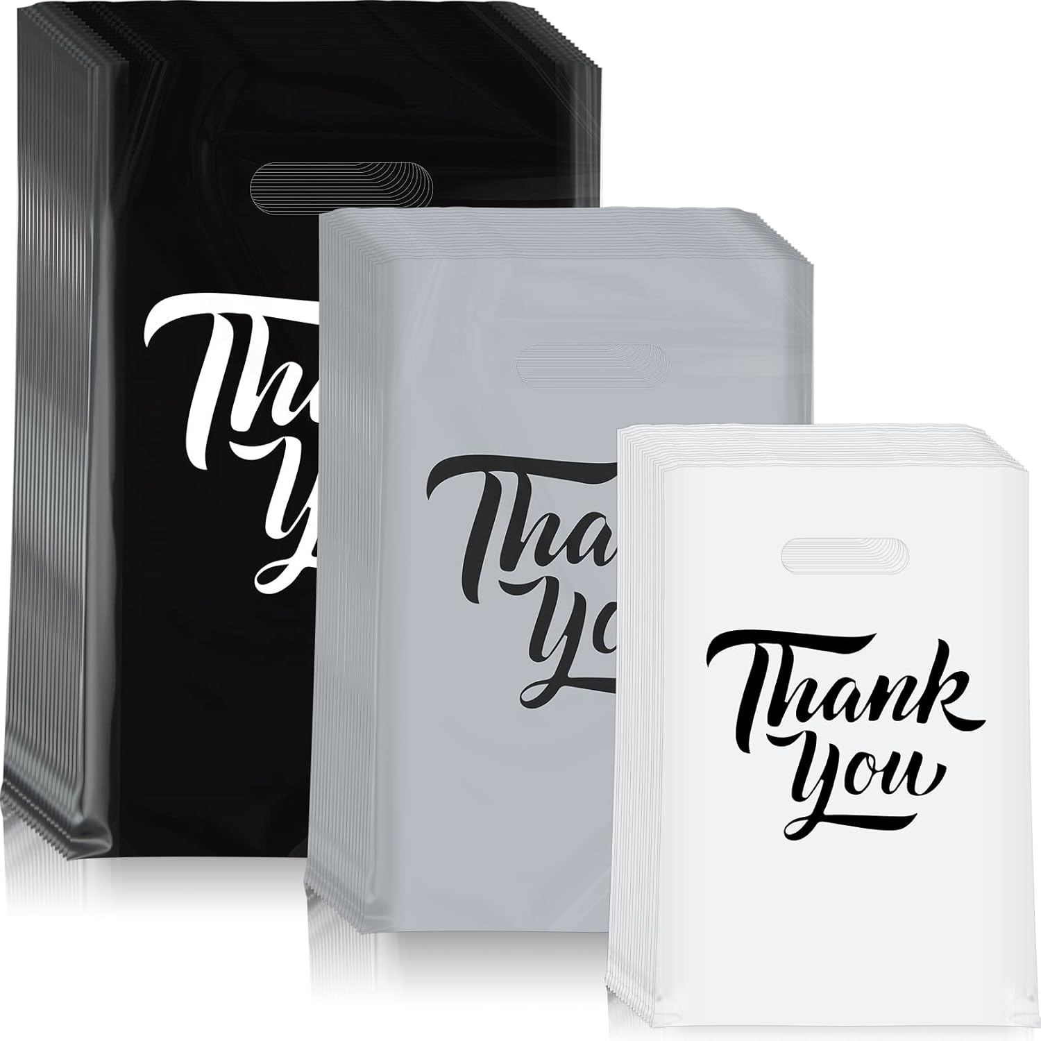 Jeyiour 300 Pcs Thank You Merchandise Bags 3 Size Shopping Bags for Business with Handles Thank You Gift Plastic Boutique Goodie Sacks for Wedding Stores Packaging(Black, Gray, White)