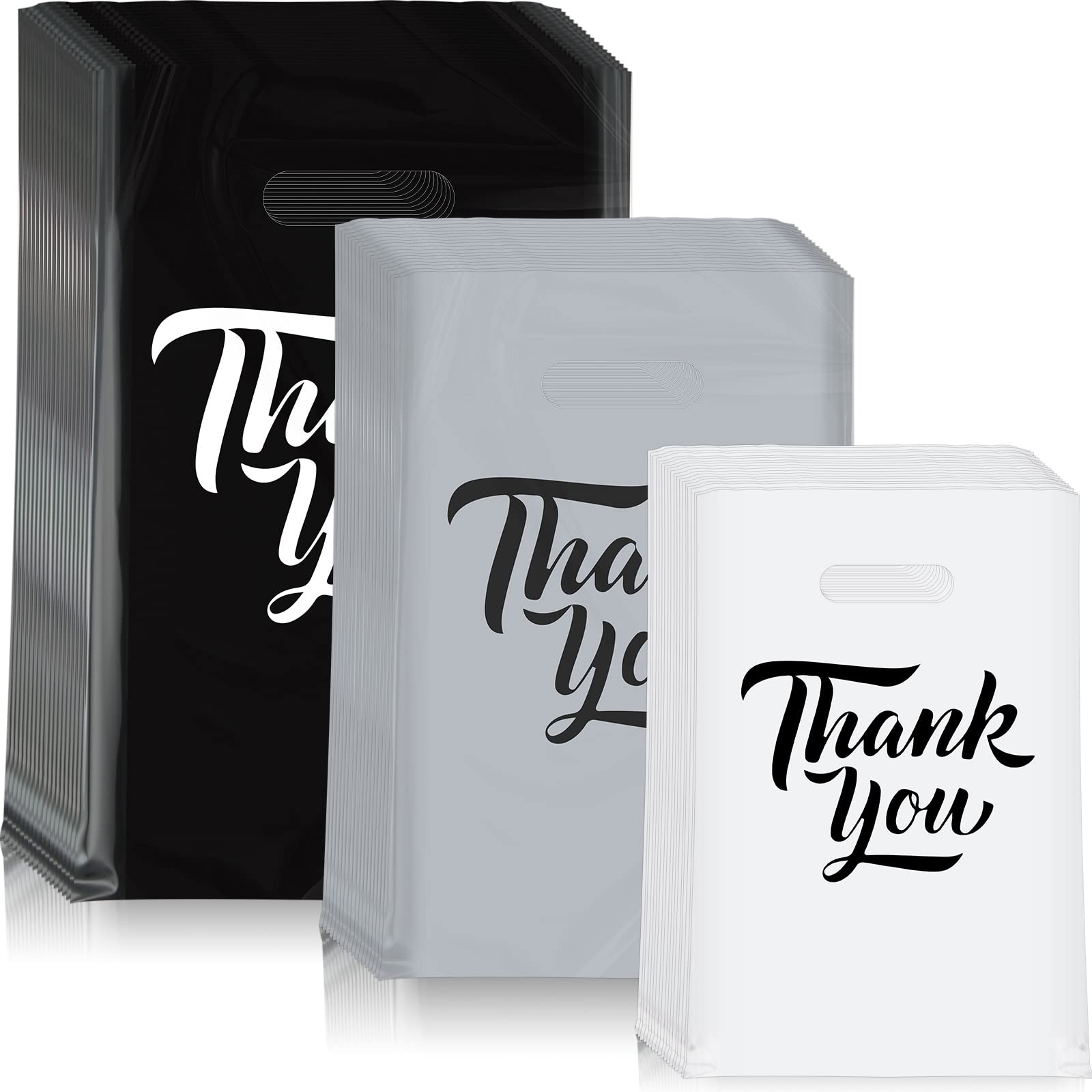 Jeyiour 300 Pcs Thank You Merchandise Bags 3 Size Shopping Bags for Business with Handles Thank You Gift Plastic Boutique Goodie Sacks for Wedding