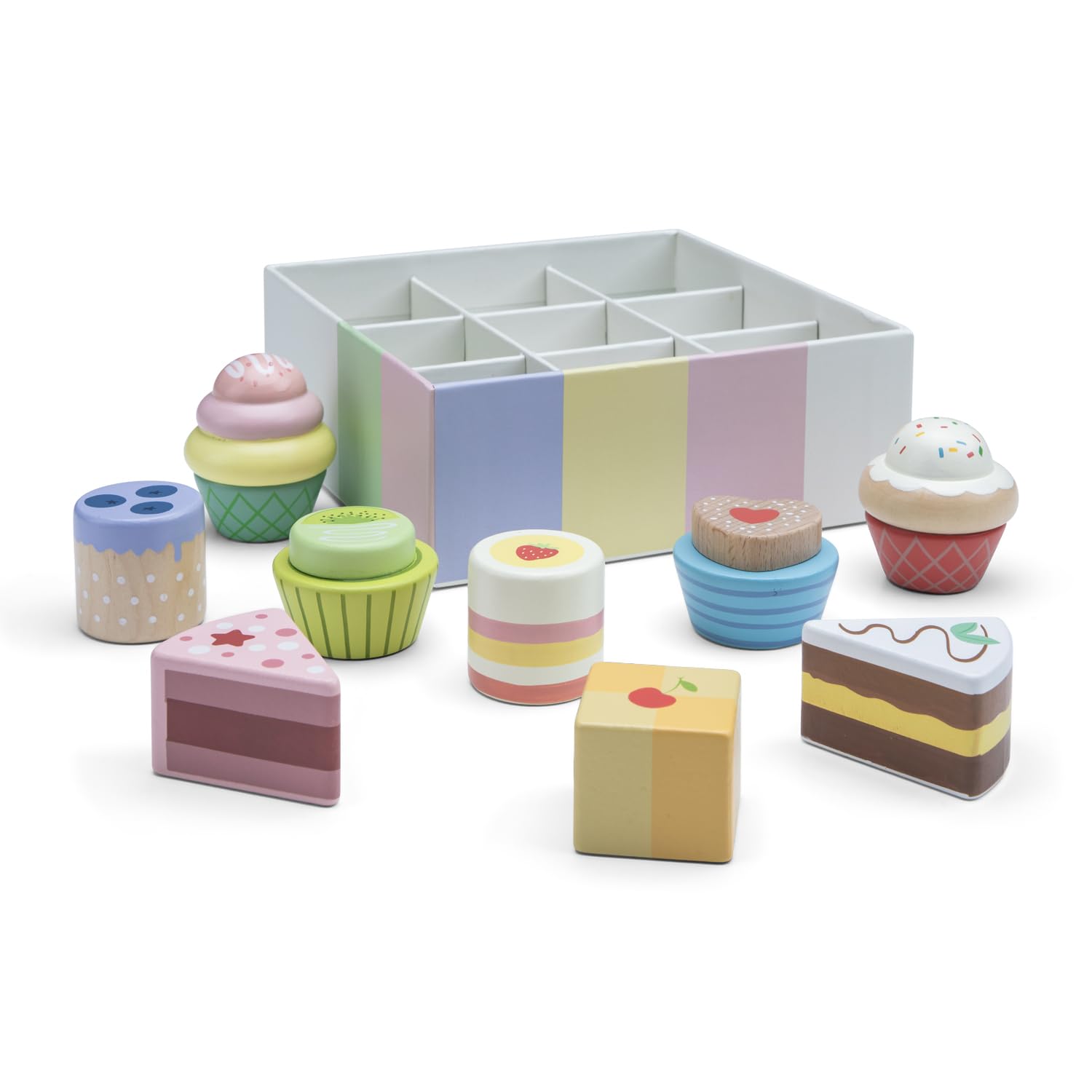Woet® Wooden Toy Pastry Assortment for Kids - Gift Box with Cakes and Treats - Pretend Play Bakery Set - Role Play Kitchen Toy - Age 3 Years+