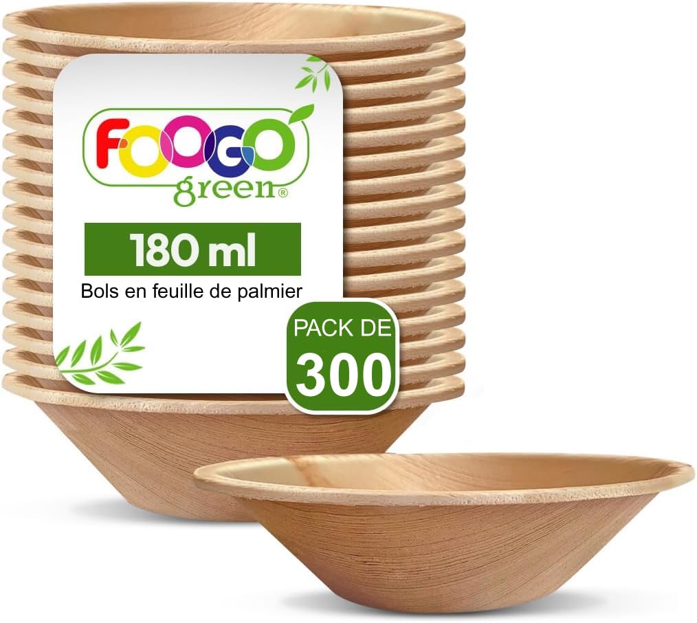 FOOGO Green 300 Bols Jetables Feuille de Palmier 12cm 180ml Ronds
