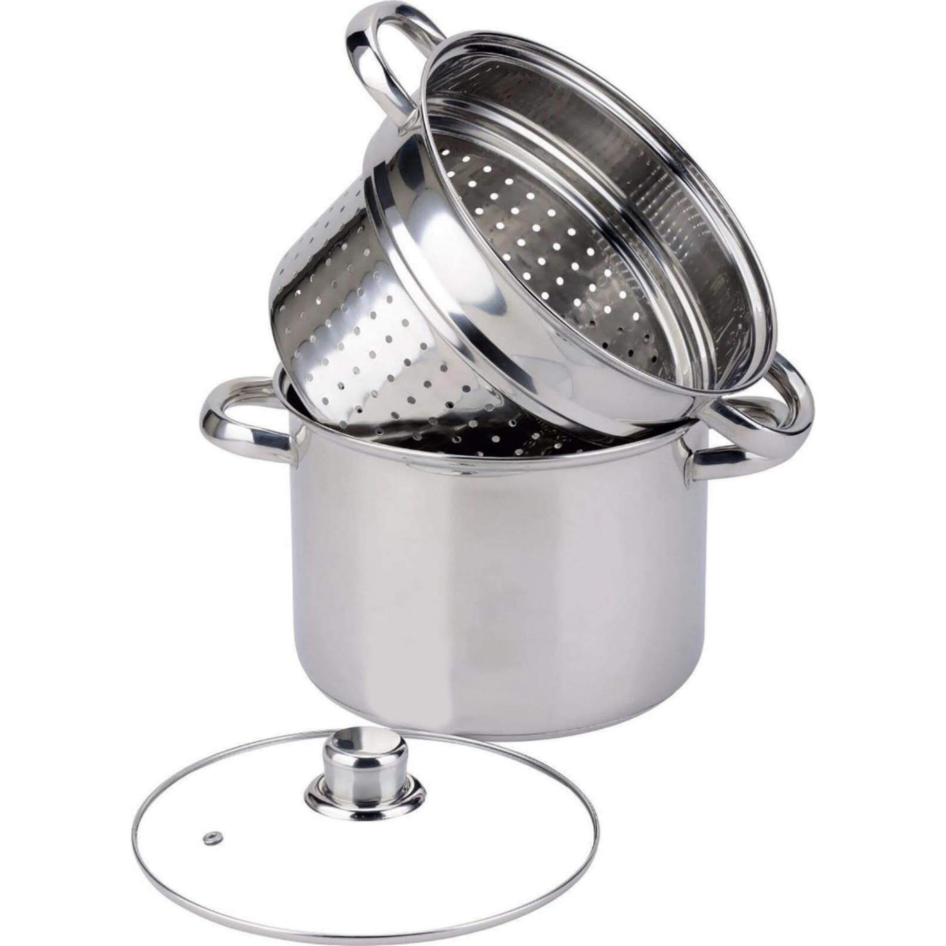 Baumalu, Cuiseur à Pâtes INOX 29,​5 x 21,​5 x 24,​5 cm en Acier Inoxydable, Couvercle en Verre, Triple Fond Diffuseur, Compatible Tous Feux et Induction, Ustensile de Cuisine de Haute Qualité