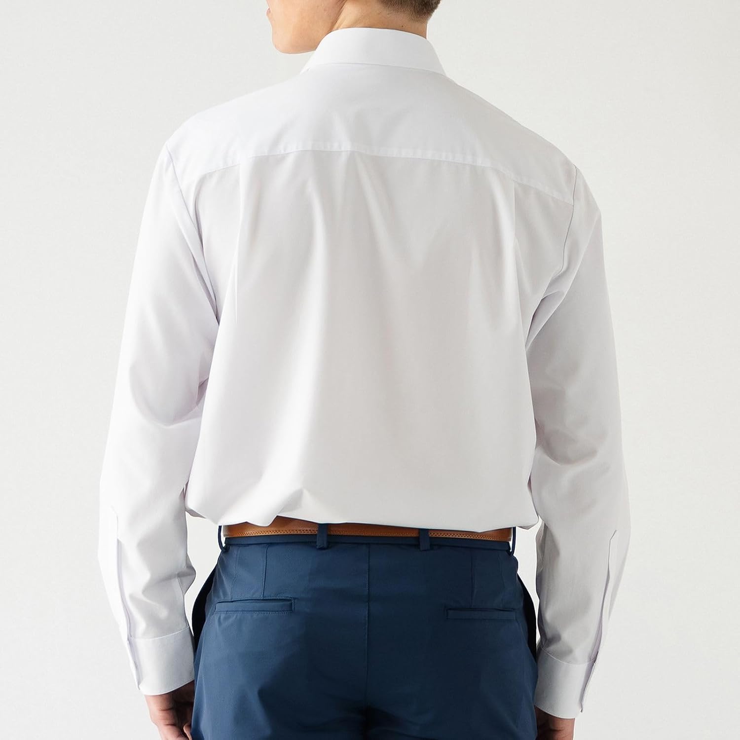 Men’s White Collared Dress Shirt Long Sleeve – Mesh Collar & Underarm Comfort – Stain Repellent