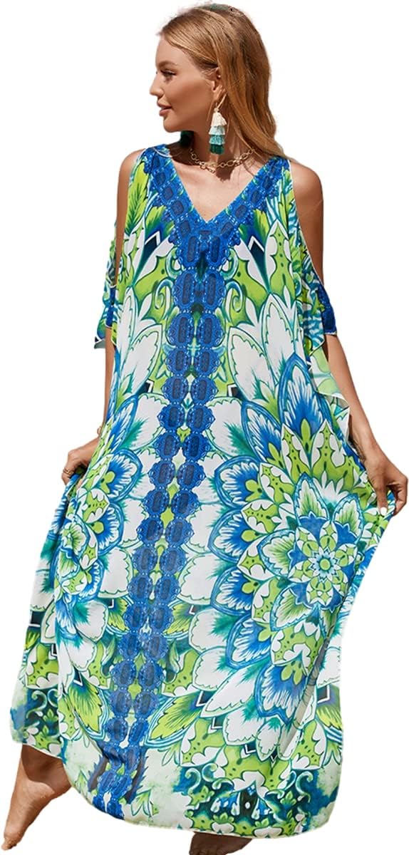 Chiffon Swimsuit Cover up Women Floral Off Shoulder Caftan Bathing Suit