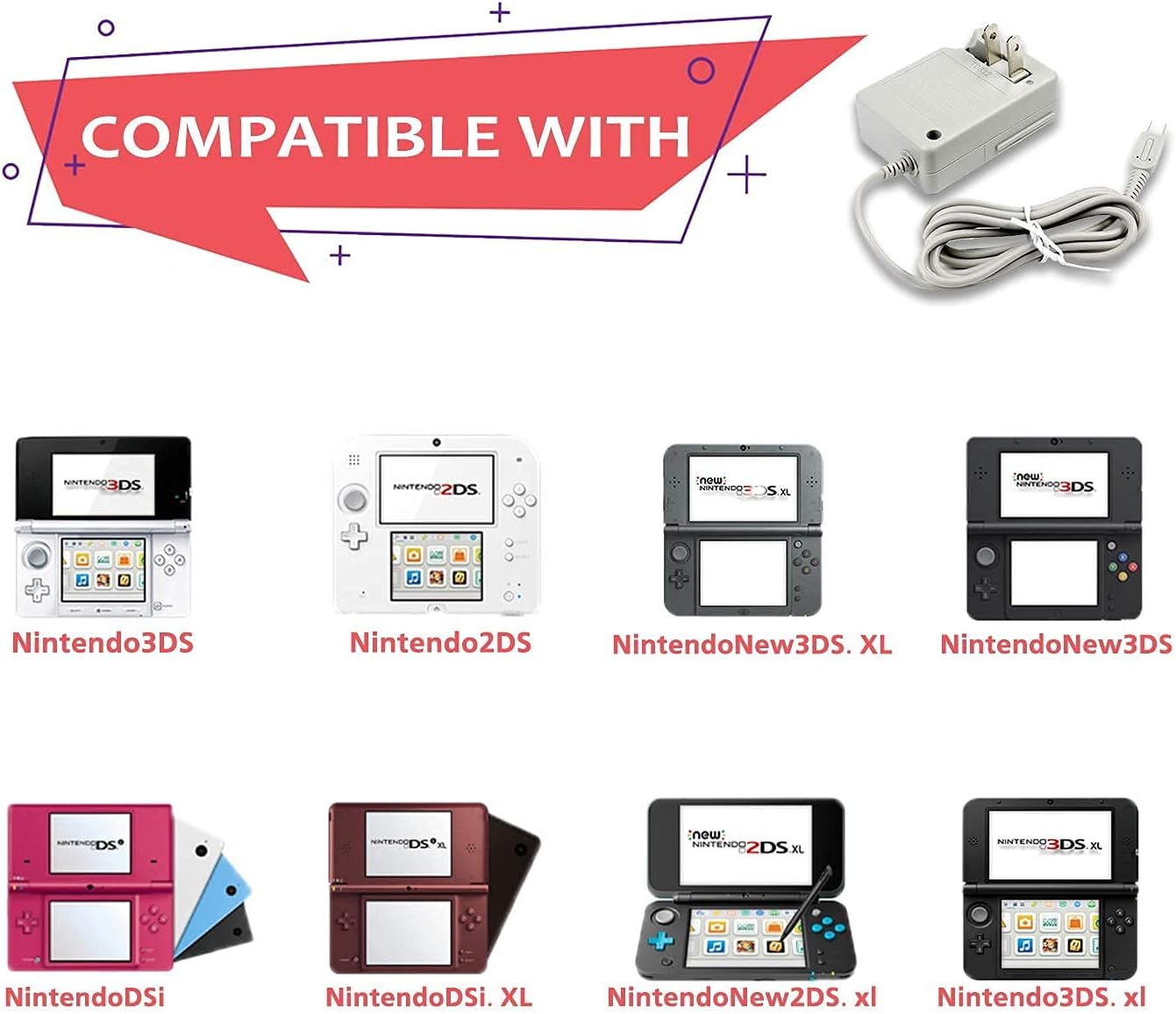 3DS Charger Bundle, 1 Pack Charger and 1 Pack Charging Cable for Nintendo New 3DS XL New 3DS 3DS XL 3DS New 2DS XL New 2DS 2DS XL 2DS DSi DSi XL image 2