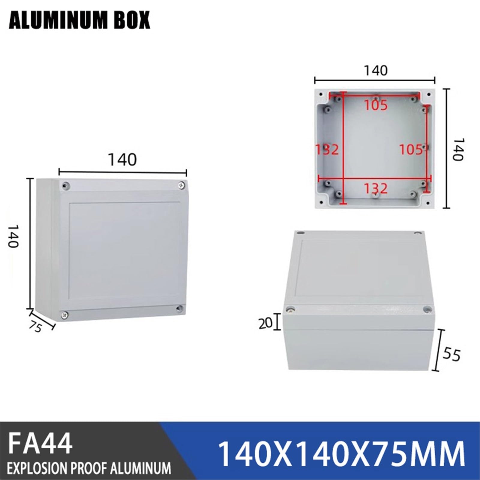 IP67 wodoszczelna skrzynka przyłączeniowa z odlewu aluminiowego do użytku na zewnątrz, wodoodporna obudowa do przycisku przyłączeniowego (FA44 140 x 140 x 75 mm)
