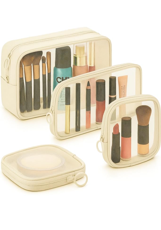 4-Piece Travel Cosmetic Storage Bag Set, Mesh Toiletry Organizer Pouches with Zipper, Clear Makeup Accessories Cases (Beige)4