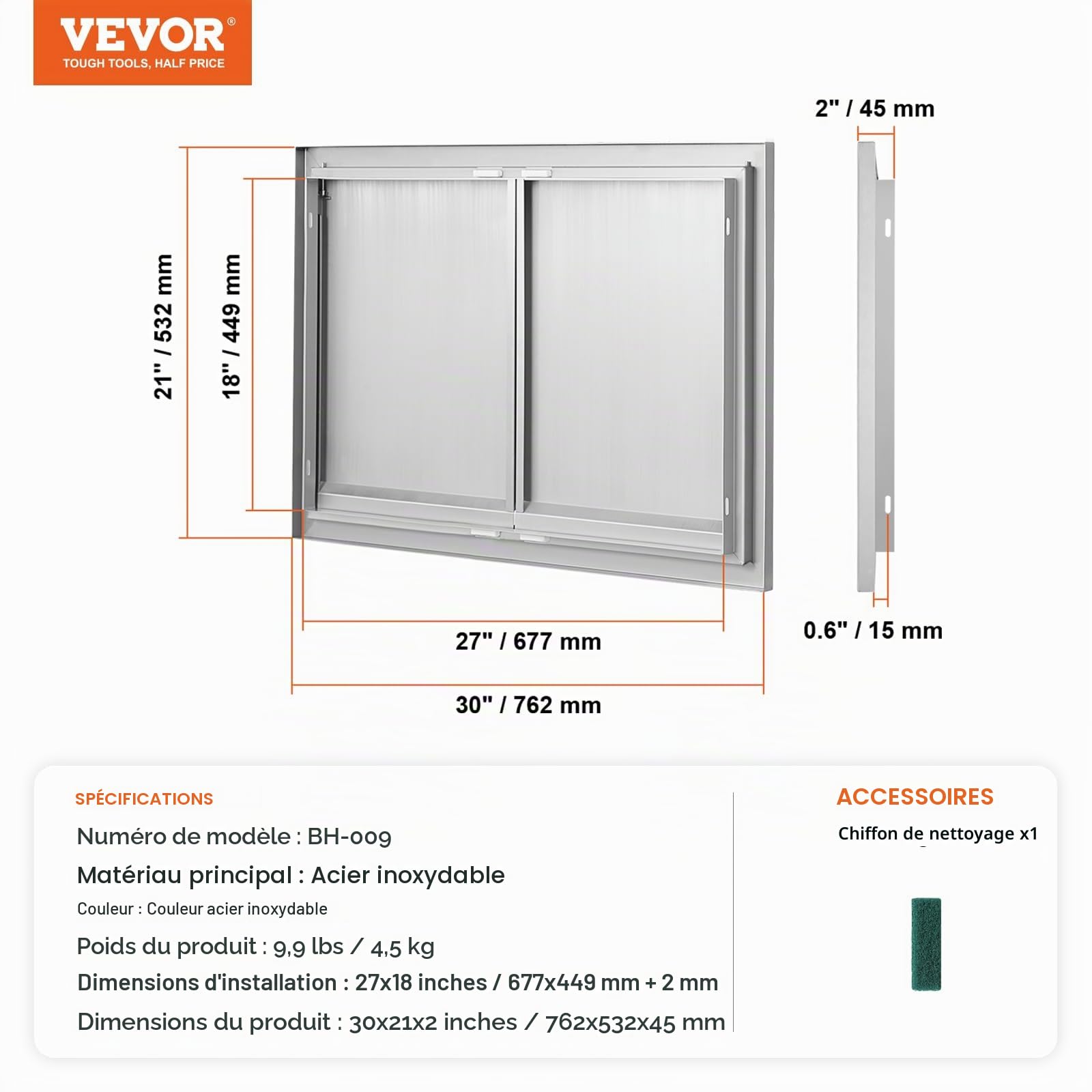 VEVOR Porte d'Accès pour Barbecue, Double Porte de Cuisine Extérieure 762x532x45 mm, Porte Encastrée en Inox, avec Poignée Encastrée, pour Îlot de Barbecue, Station de Grillades, Placard Extérieure