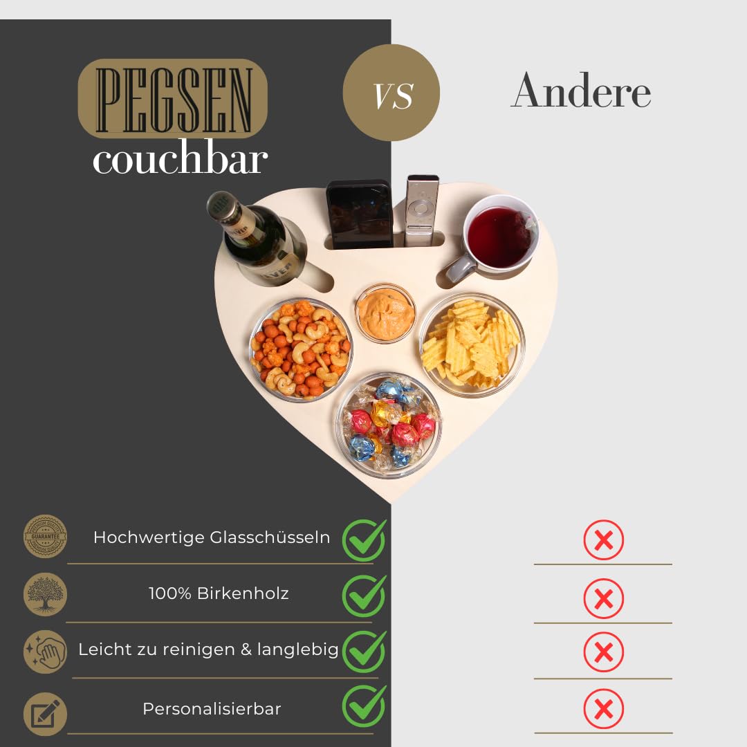 Herz personalisierte Couchbar in Weiß - Couch Bar Snackbar - Snackbox mit 4 Glasschalen - Getränkehalter für das Sofa -Sofatablett für Snacks & Getränke
