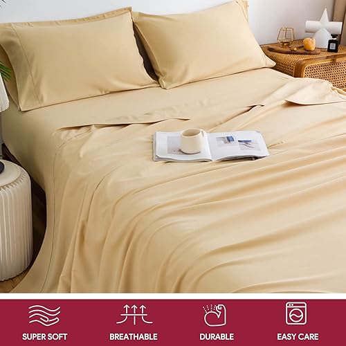 Miniatura 3 de Juego de sábanas de hotel de lujo tamaño matrimonial, juego de sábanas refrescantes de microfibra suave, 4 piezas, bolsillo profundo de hasta 16