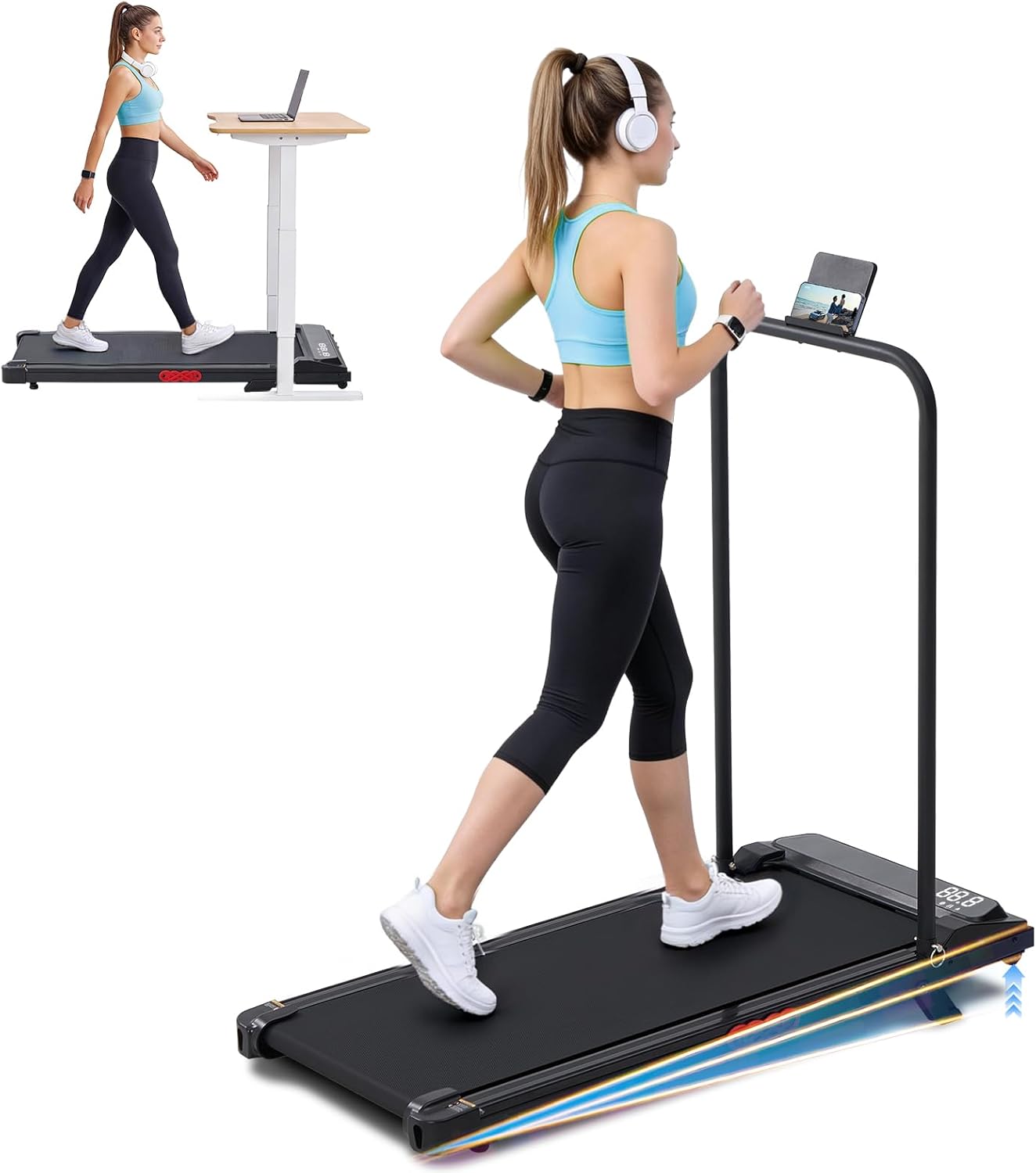 Portable Walking Pad Treadmill with Incline, 3.0HP Mini Electric Treadmills for Home Small, 0.6-7.6MPH Small Walking Pad with Handle Bar, Treadmills for Exercising with 350 lb Capacity