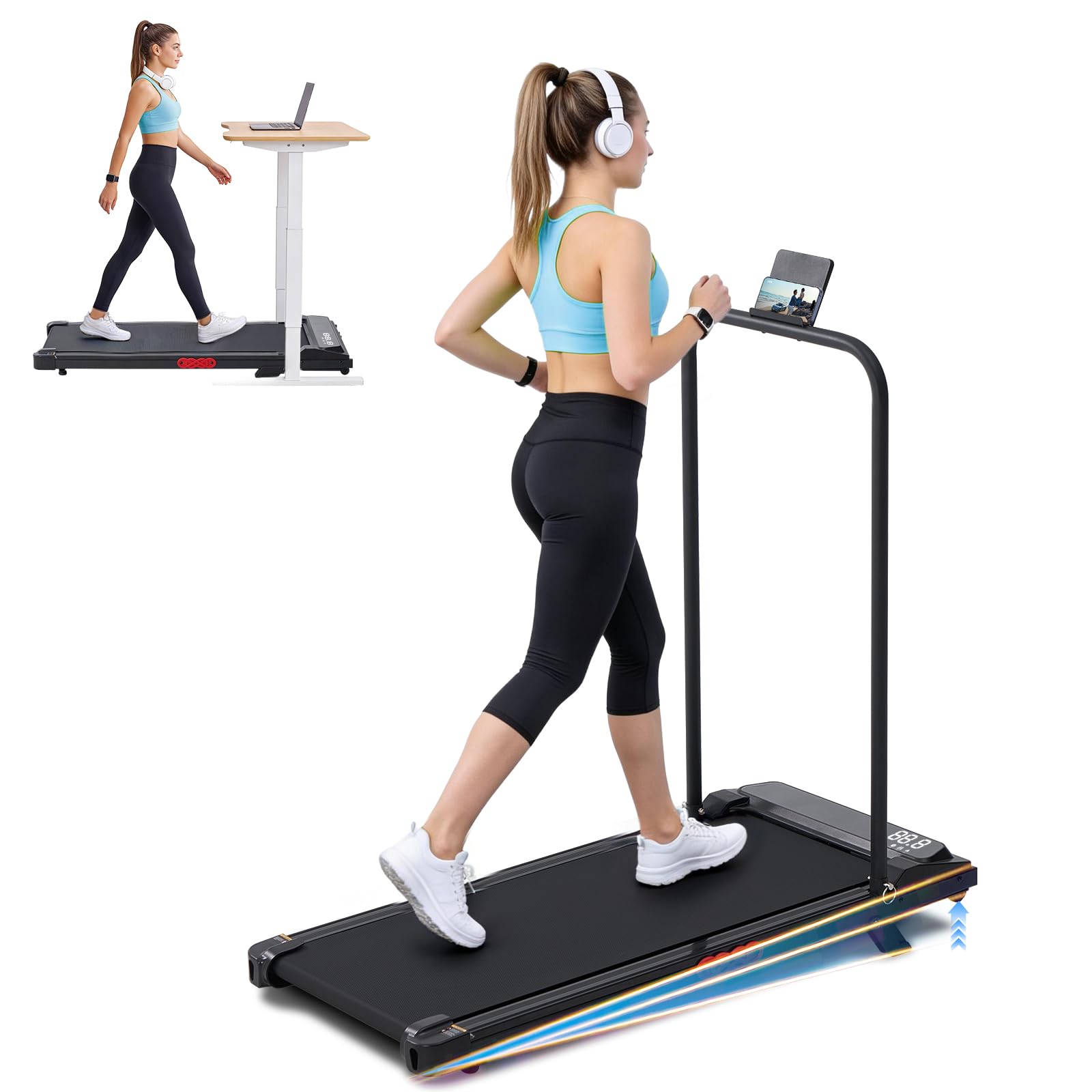 Photo 1 of Portable Walking Pad Treadmill with Incline, 3.0HP Mini Electric Treadmills for Home Small, 0.6-7.6MPH Small Walking Pad with Handle Bar for Exercising, 350LBS