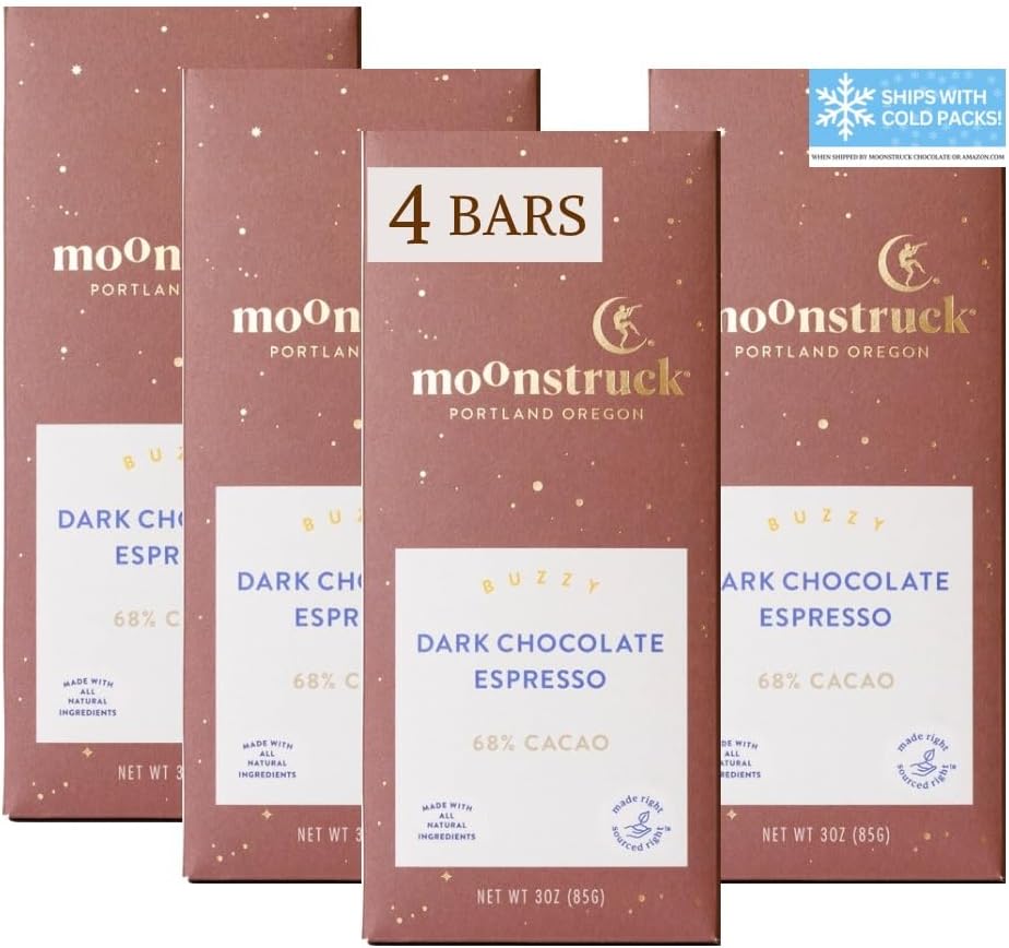 Moonstruck Chocolate Dark Chocolate Espresso Bean Bar, 68% Cacao, 3.0oz (Pack of 4)