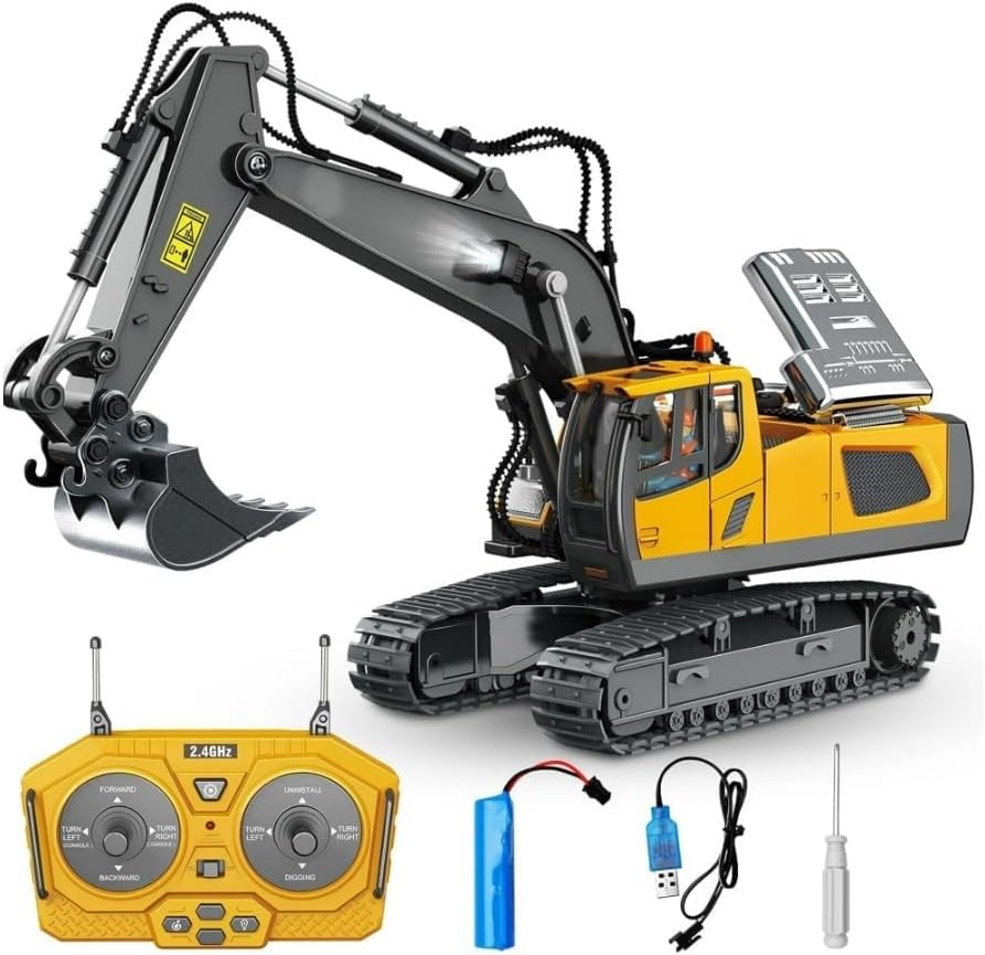 Remote Control Excavator Toy 1/20 Scale RC Excavator, 11 Channel Upgrade Full Functional Construction Vehicles Rechargeable RC Truck with Metal Shovel & Lights Sounds Best for Kids 3-15, Yellow