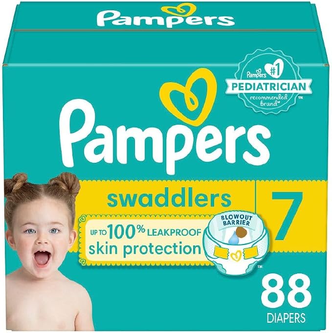 Pampers Swaddlers Diapers, Size 7 (26-50 lbs), 88 Count, Absorbent, Keeps Baby Dry and Comfortable, Skin Safe Disposable Baby Diaper