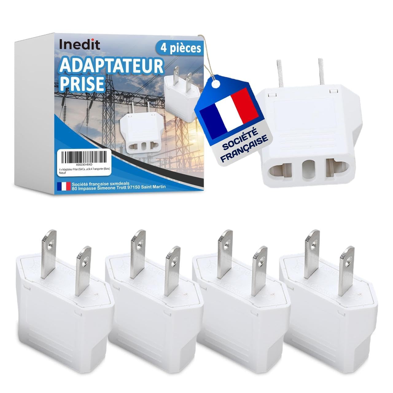 4 x Adaptateur Prise USA/Canada/Japon/Mexique/Thailande - Très Utile pour Voyager - Adaptateur Facile A Transporter - Design Compact et Léger (Blanc)