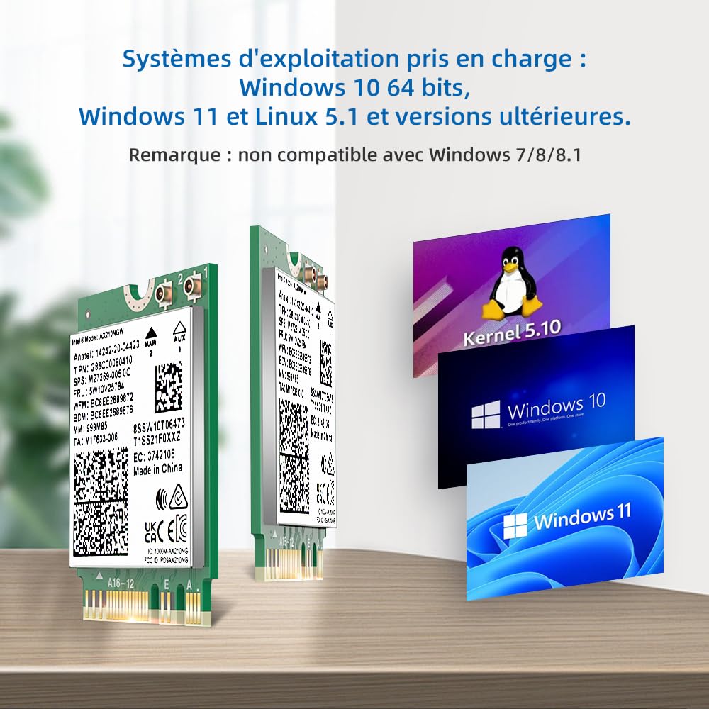 AX210 Carte WiFi 6 PC Portable avec Bluetooth 5.3, AX210NGW Carte WiFi 6E M2 Carte Soutien Windows 10/11 (64bit) M.2/NGFF