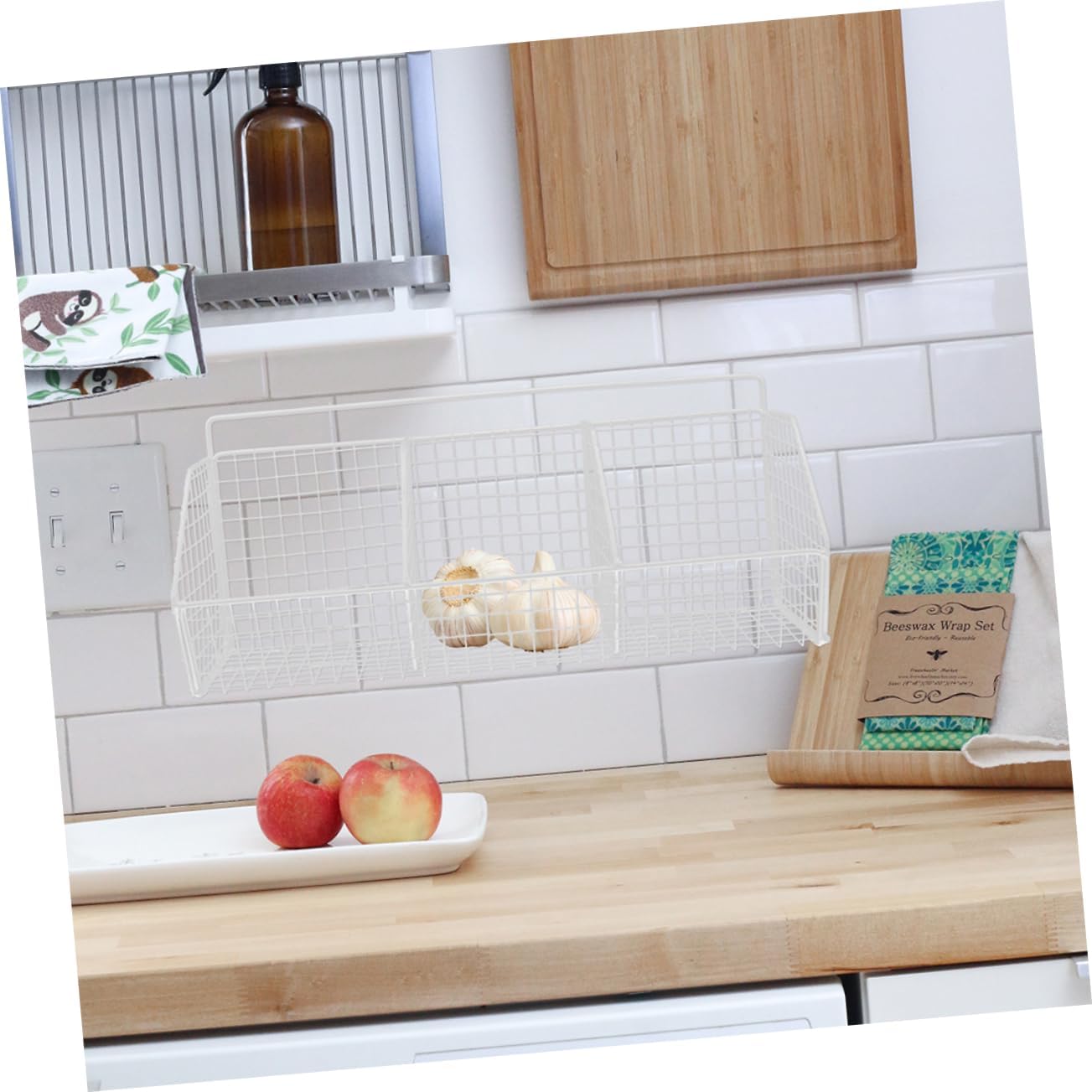 2pcs Hanging Wall Storage Baskets for Kitchen White Mesh Vegetable Fruit Organizer Space Saving Kitchen Rack for Onions Potatoes Condiments Air Circulation Design