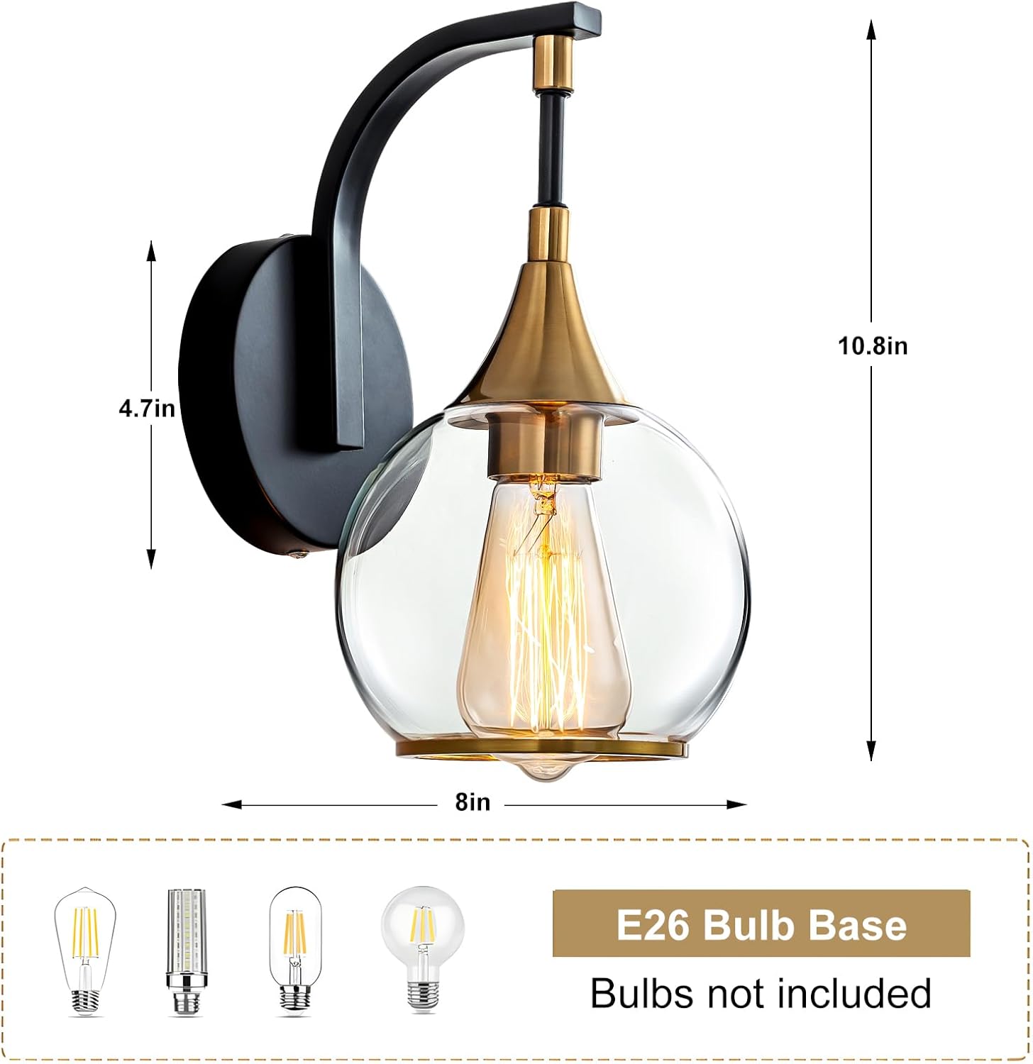Indoor Wall Sconce, Black and Gold Wall Light Fixture with 4.9 Inches Clear Glass Shade, Bathroom Vanity Lights for Mirror, Bedroom, Hallway