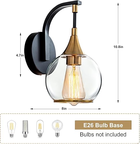 Miniatura 3 de Ymlii Aplique de pared para interiores, lámpara de pared negra y dorada con pantalla de globo de vidrio transparente de 4.9 pulgadas, luces de