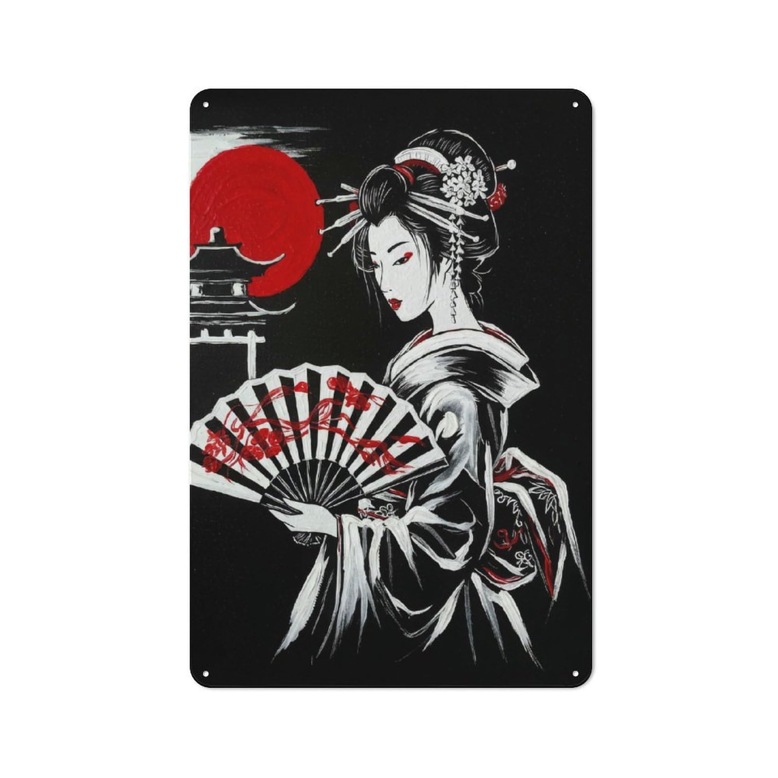 Junmoney Style-9 Geisha With Fan In Black And White Metal Wall Plaque 30X20cm, Character Room Wall Plaque For Hallway, Home Bar, Garage Or Study