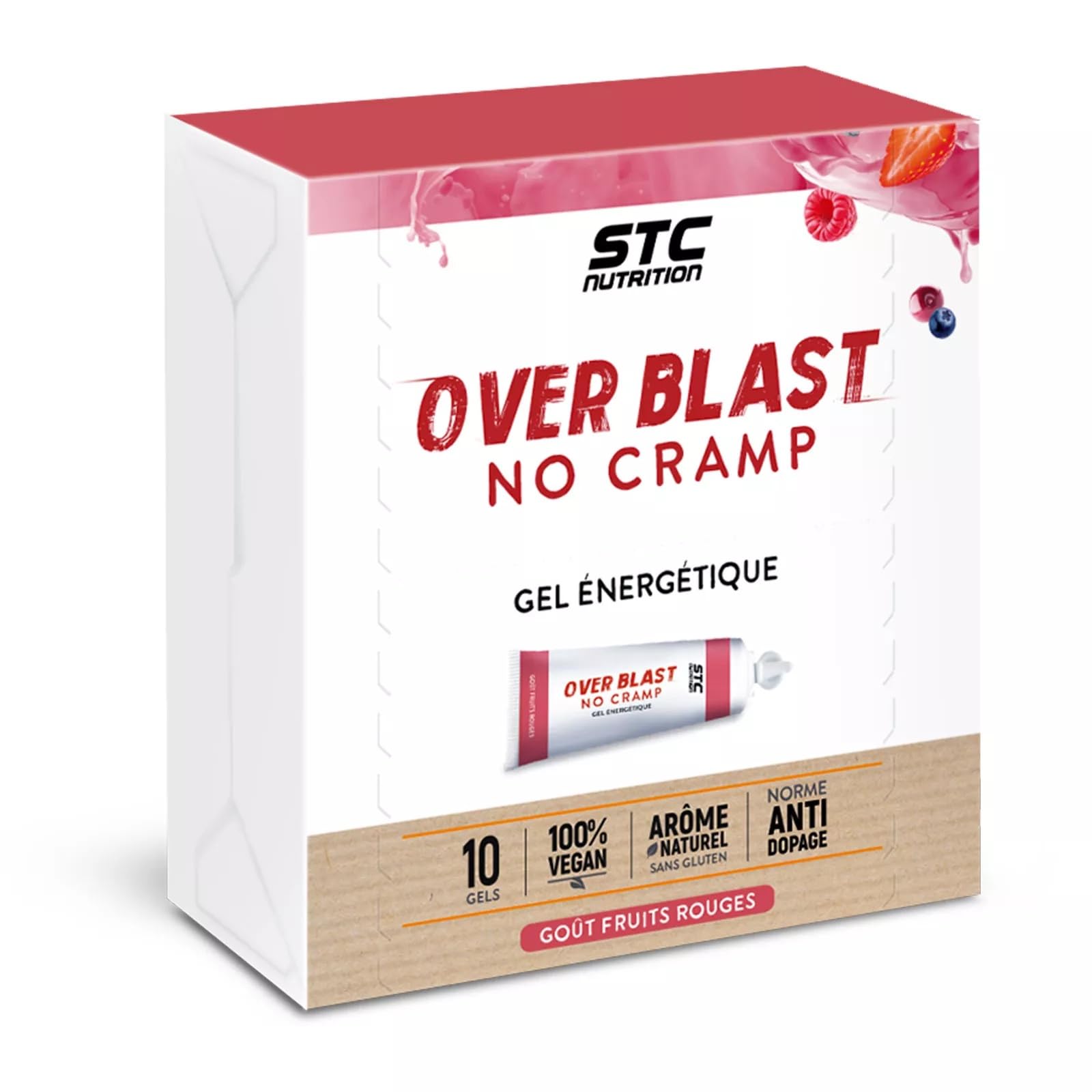 STC NUTRITION - Over Blast® No Cramp - Gel énergétique pour le sport - Nutrition sportive - Limite les sensation de lourdeurs dans les jambes - Texture liquide - 10 dosettes - Goût Fruits Rouges