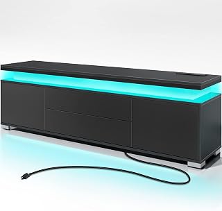 Rolanstar TV Stand with Power Outlet, RGB LED Lights & Storage - Modern Entertainment Center for 32-65 Inch TVs, Black