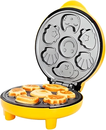 Máquina Elétrica de Mini Bolinhos em Formato de Bichinhos, Amarela, 7 Cavidades, Antiaderente, 1000W, 22x28cm, 110V