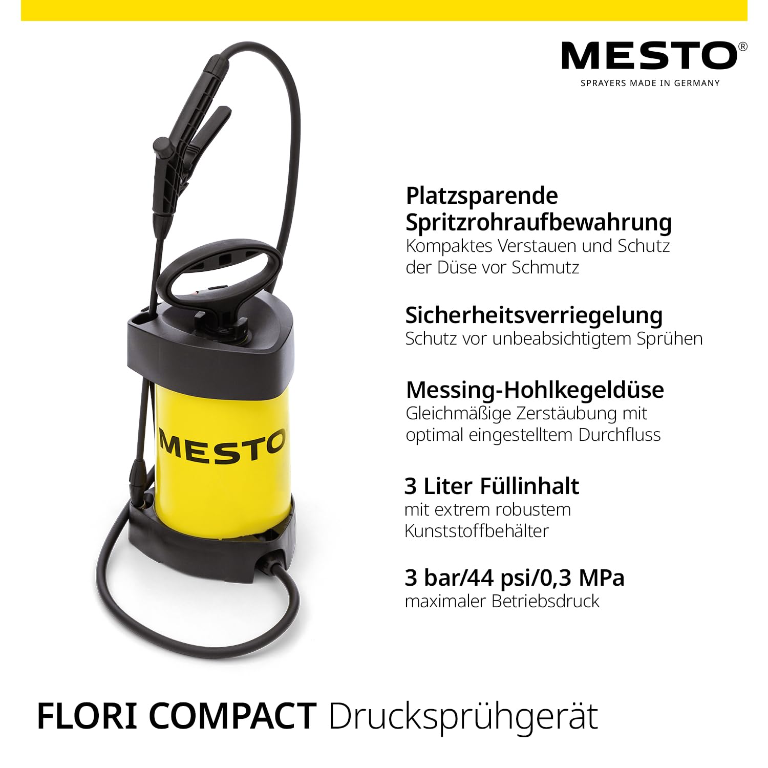 Mesto Flori COMPACT Drucksprühgerät 3L Set inkl. Spritzschirm rund | Drucksprüher 3 bar | Sprühflasche für Haus & Garten | Pumpsprühflasche für Pflanzen | Unkrautvernichter & Pflanzenschutz
