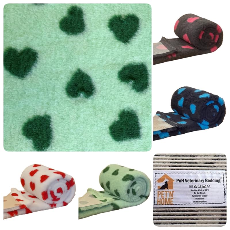PnH Veterinary Bedding® NON SLIP Vet Bedding Whelping Fleece - Puppy/Dog/Pet Bed - HEARTS DESIGNS (Mint with Green Hearts, 38cm x 50cm)