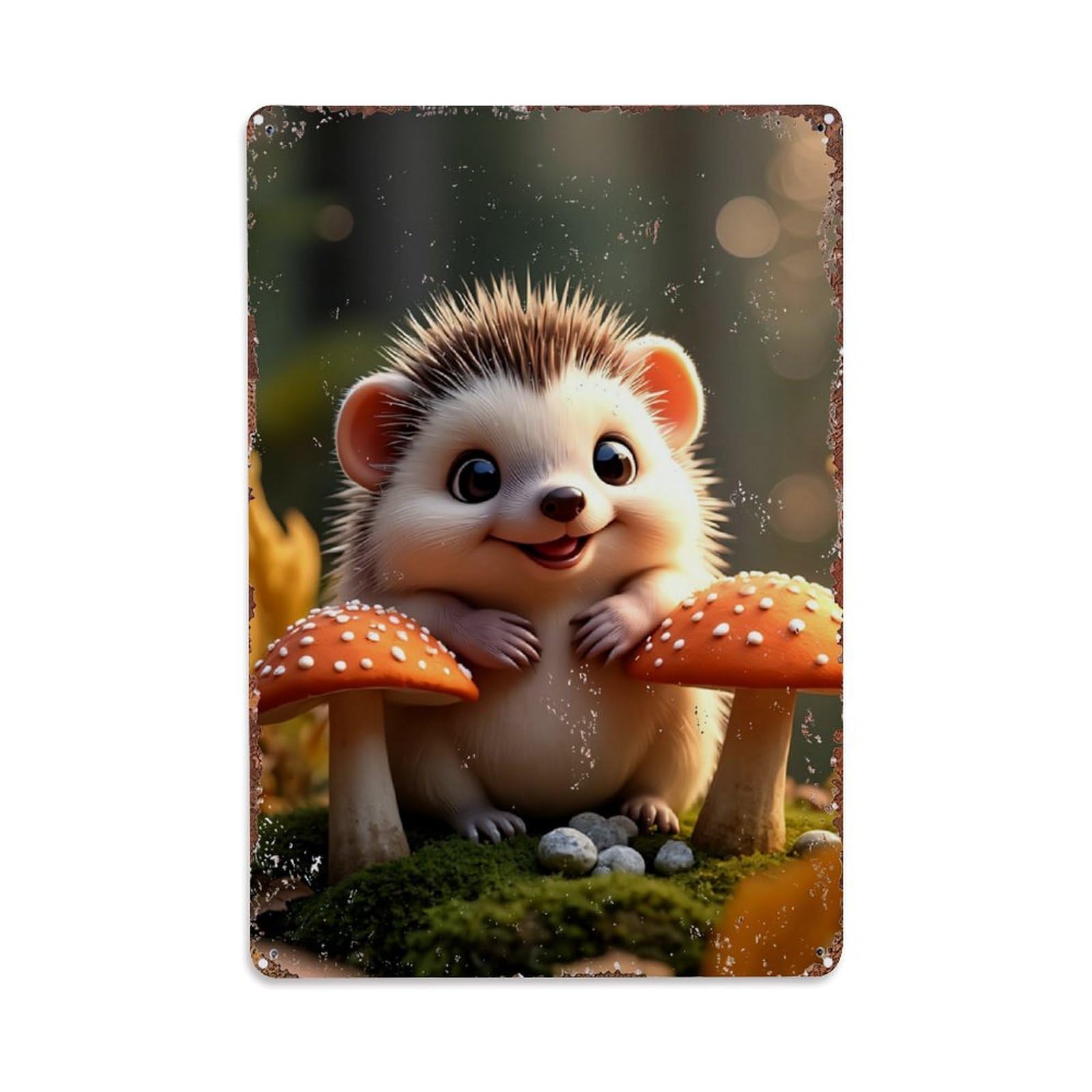 Cute Hedgehog Mushroom Forest Scene Retro Metal Tin Sign, Vintage Decor Art Poster for Bar, Home, Man Cave, Kitchen, Laundry Room Gift 8x12Inch