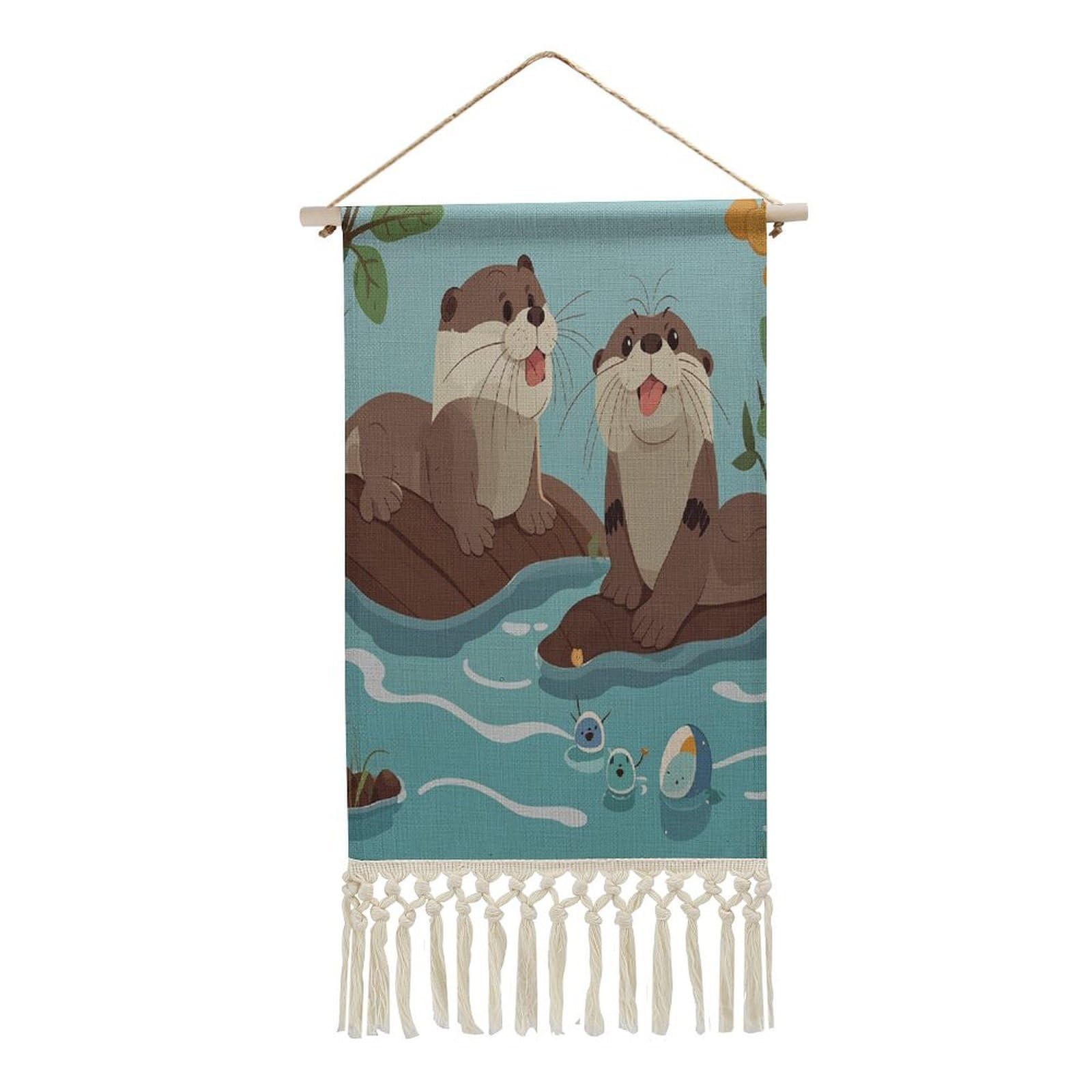 FekiLoot Otters Wall Art Print Decor Art Tapestry with Tassel Cotton Linen Hanging Poster Vintage Aesthetic Wall Art Poster Rustic Wall Art Decor for Home Bedroom Living Room Office