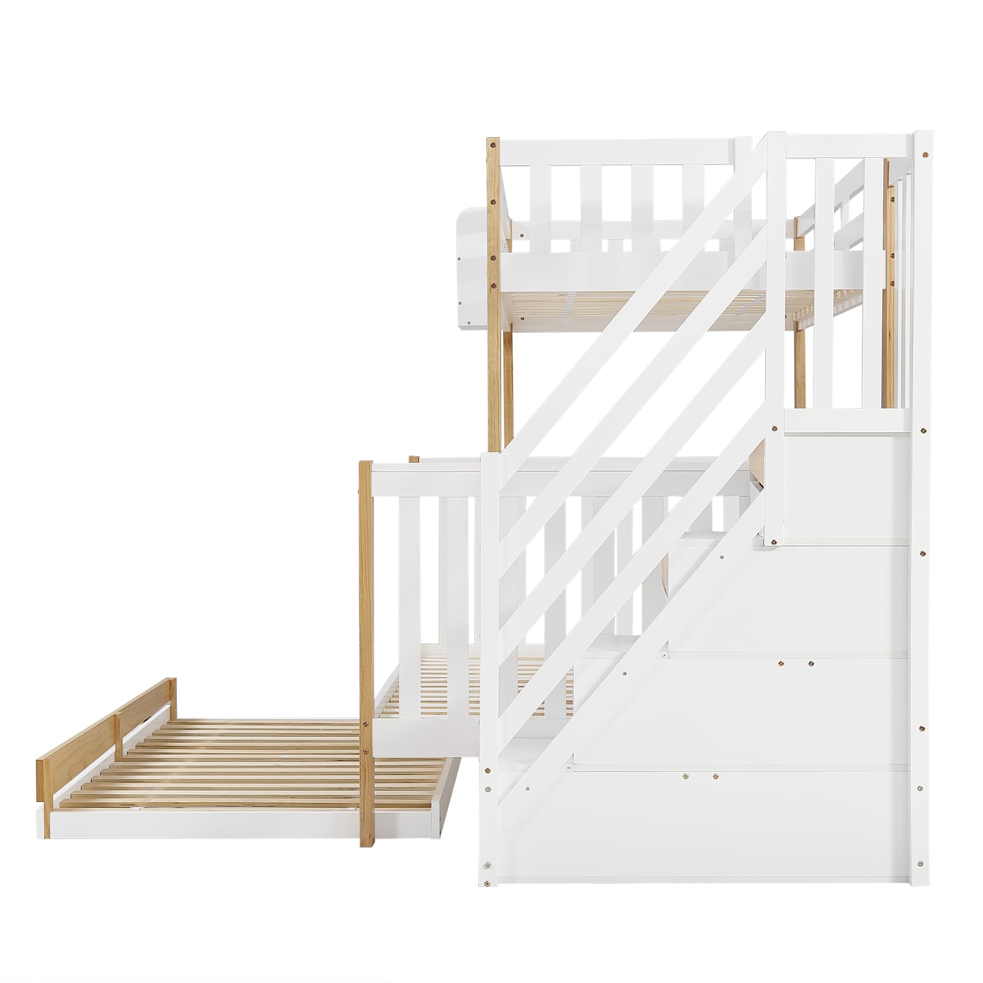 Letto a castello 90 x 200 e 120 x 200 cm, con letto a rotelle, design speciale di rivestimento della porta, scala angolare, pino+MDF, bianco e naturale