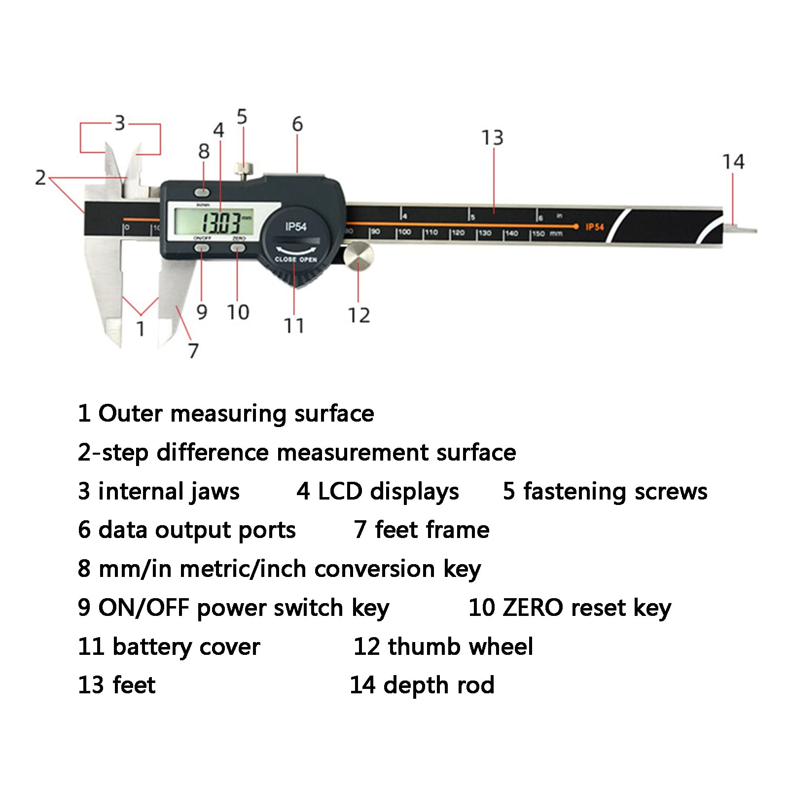 Calibrador Digital electrónico, calibrador Vernier de Acero Inoxidable con Pantalla LCD, Soporte en Pulgadas/MM/fracción, Herramienta de medición de calibrador con Regla micrométrica Micrómetro