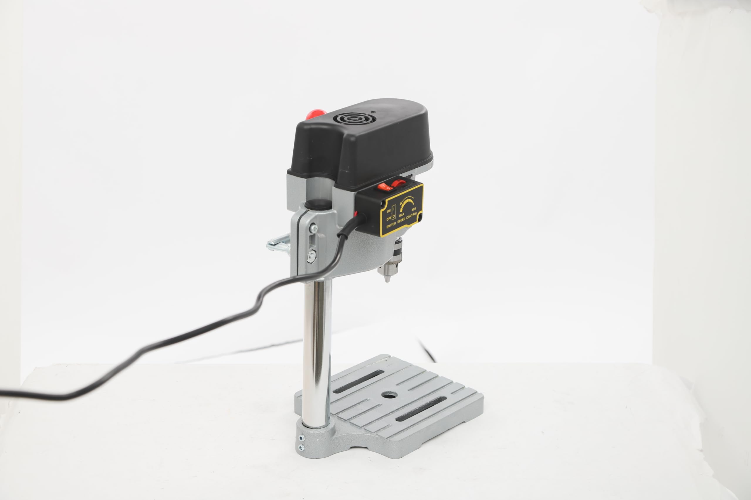 Trapano da tavolo 340 W, precisione a colonna con velocità continua (0-16.000 giri/min) e arresto di profondità, costruzione in ghisa per legno/metallo/plastica, profondità di foratura 25 mm