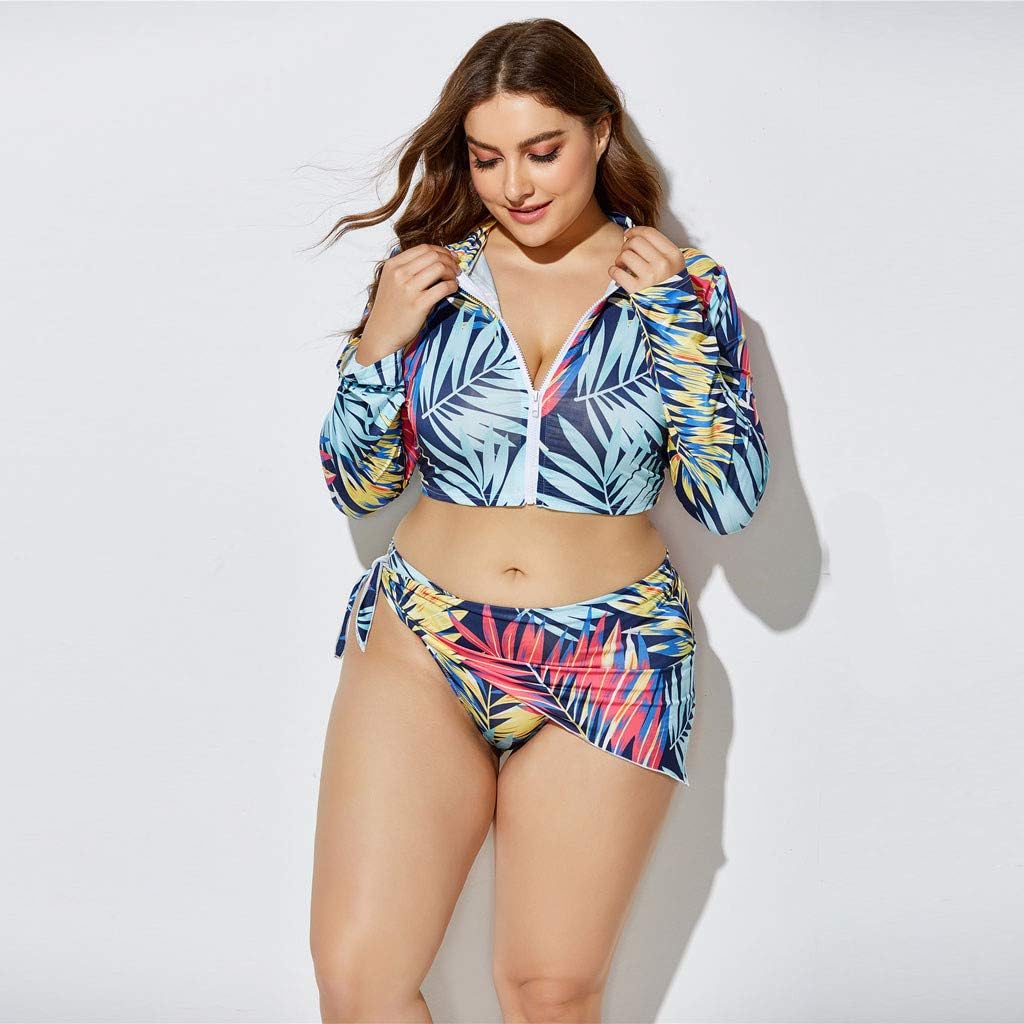 3 Piece Swimsuit for Women Plus Size 2020 Summer High Waist Print Split Long Sleeve Beach Bathing Suit Clearance Best Beachwear Under 10 Dollar Gift for Mother Girlfriend Wife Beach Blue