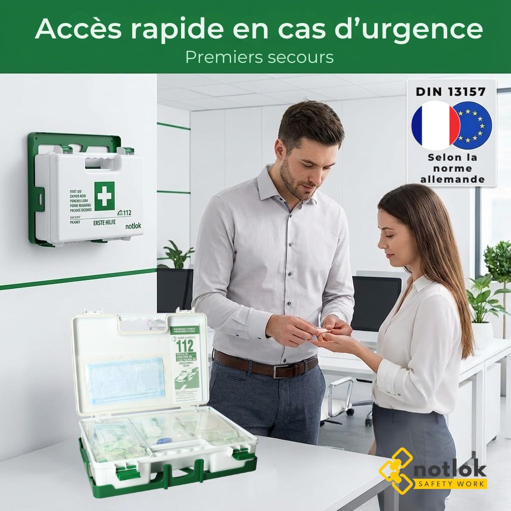 Trousse de Secours Complete DIN 13157 | Trousse Premier Secours - Boîte Pharmacie Murale | Pour Entreprise & Maison | Kit avec Pansements & Couverture de Survie Isothermique