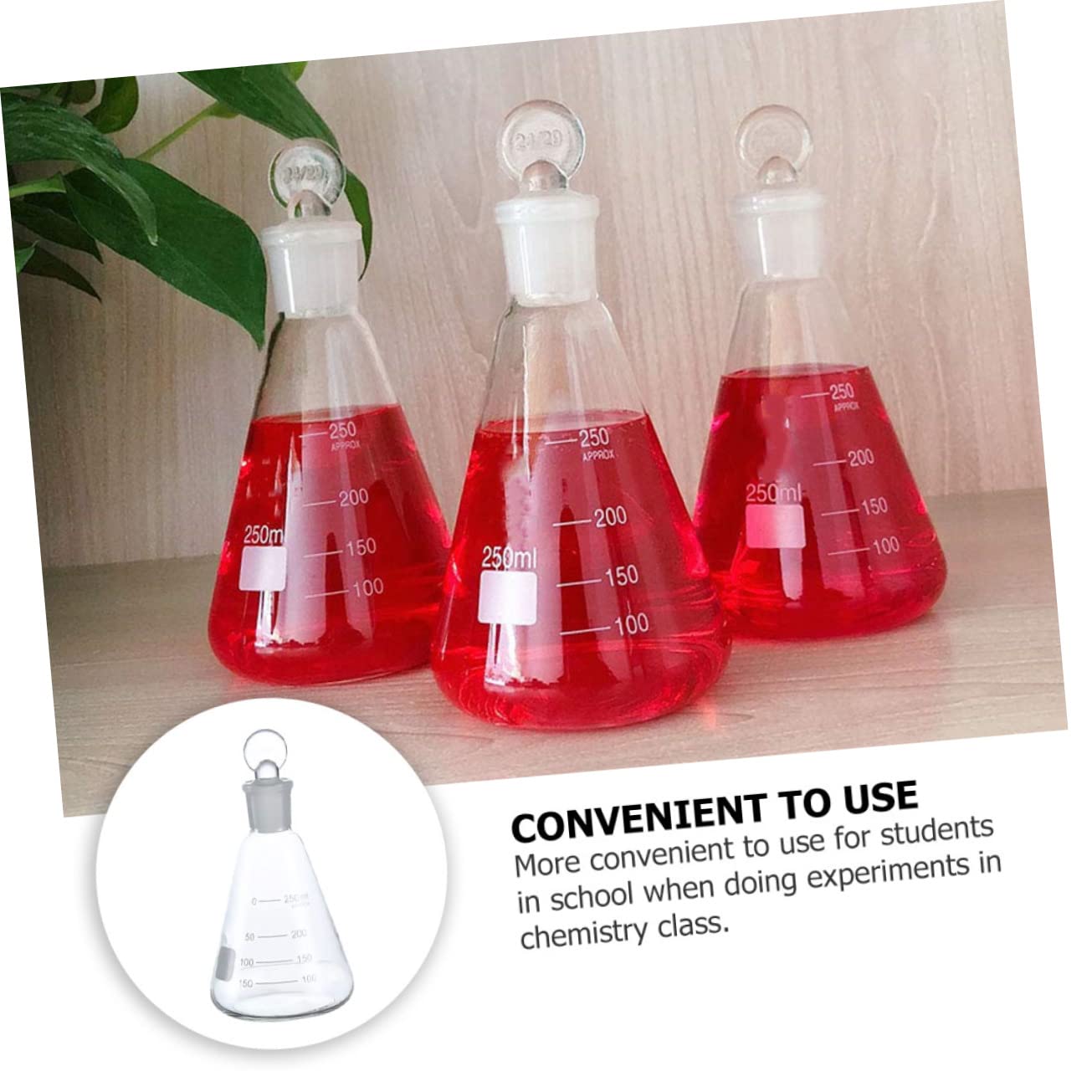 Set di 3 Beute Coniche in Vetro 250ml con Tappo e Scala Chiara per Esperimenti Scolastici Strumenti per Chimica Laboratorio