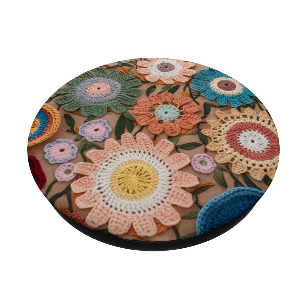 Crochet Lover Boho Flowers PopSockets Swappable PopGrip, Black - Image 2