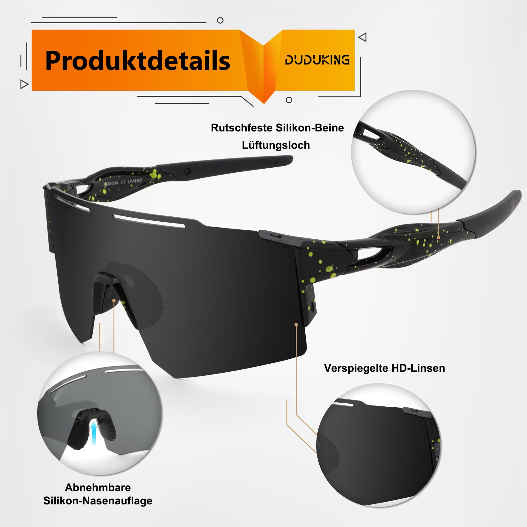 DUDUKING Gafas de sol de ciclismo para hombre y mujer, gafas deportivas con almohadillas nasales intercambiables para deportes al aire libre, ciclismo, correr, golf, protección UV 400, gafas de