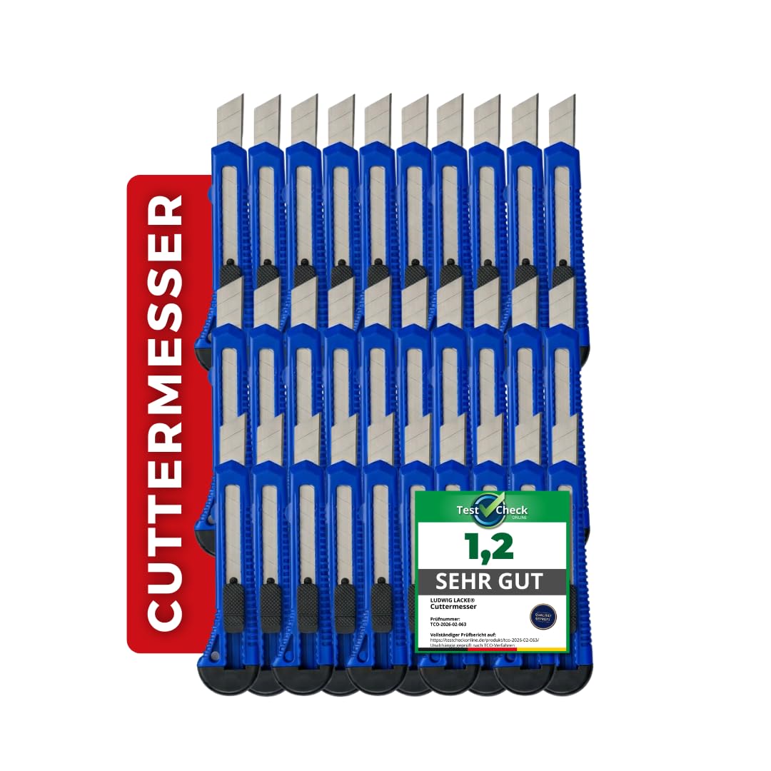 Ludwig Lacke® Cuttermesser Set [100 Stück 18 mm] – Teppichmesser [stabile Klinge 0,5 mm] – Cutter [ergonomisch rutschfest] mit Klingenvorschub Abbrechklinge Profi Messer