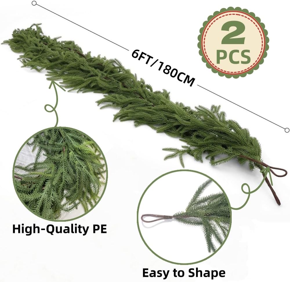 2Pcs 6Ft Artificial Norfolk Pine Garlands Artificial Christmas Garlands Greenery Garland Faux Green Garlands for Fireplace Table Mantle Wall Stairs Window Christmas Decoration - Image 3