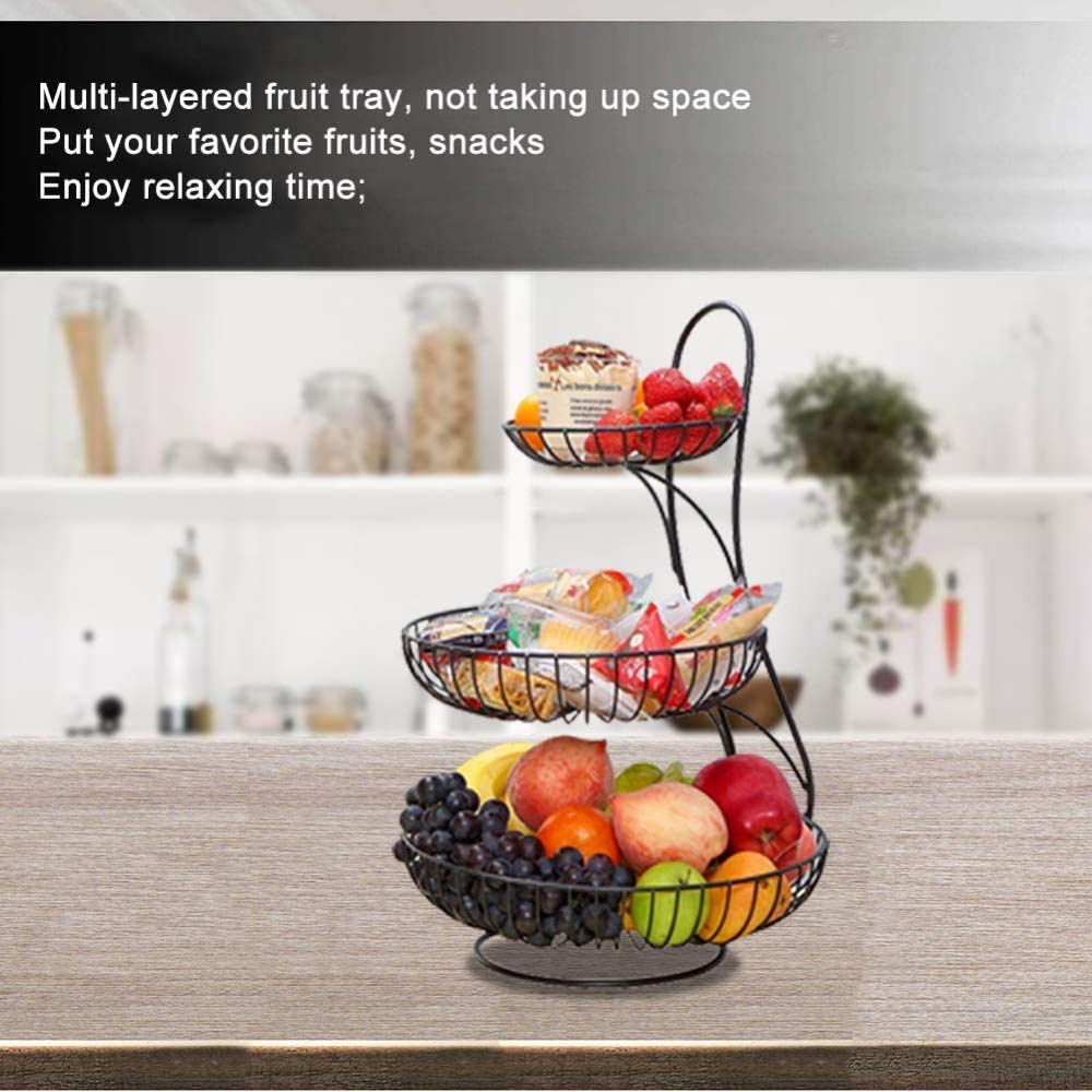 Corbeille à Fruits à 3 étages En Métal Noir Avec Poignée En Bois - 6